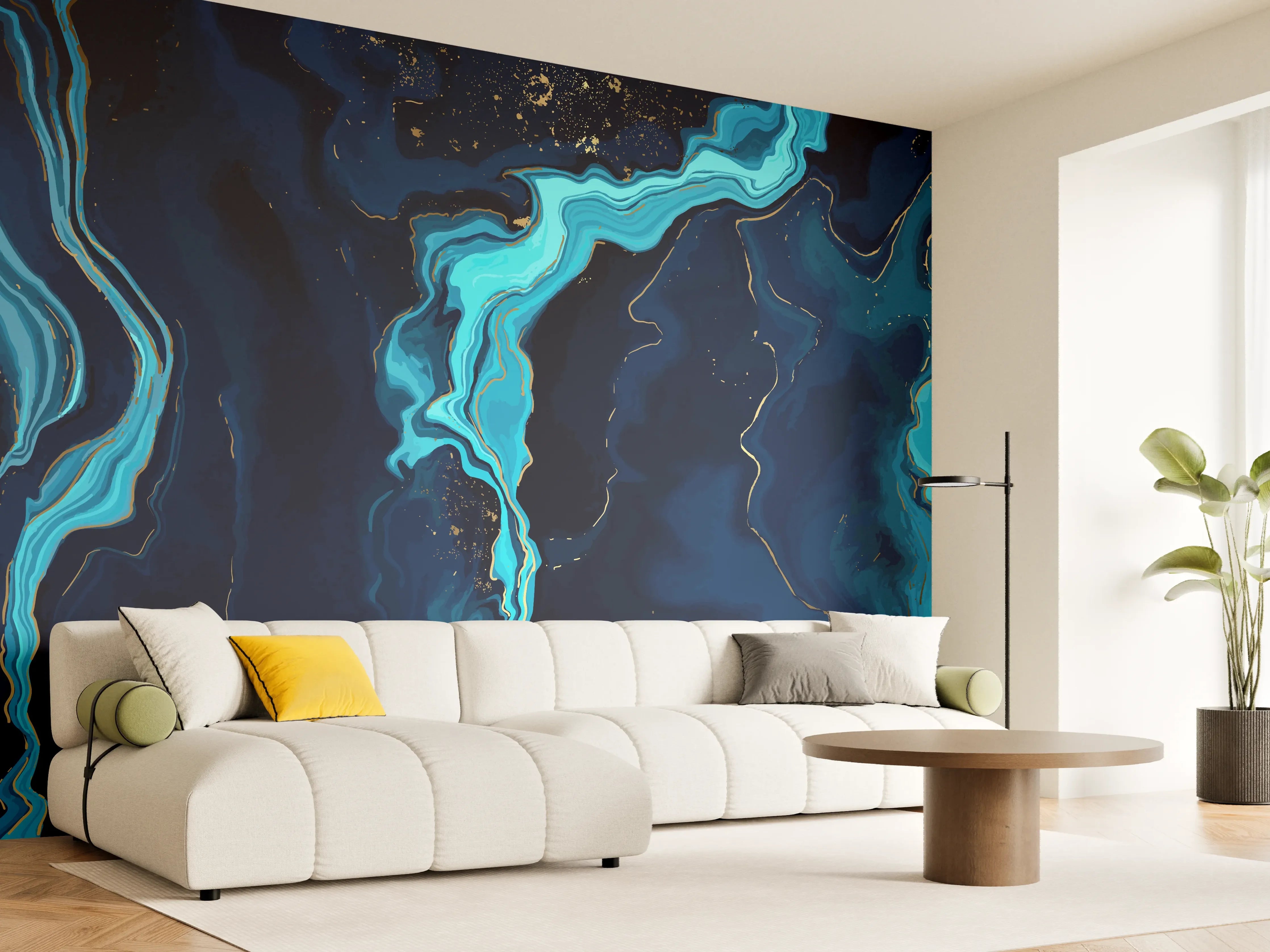 Wandverkleidung Wohnzimmer - Abstrakte Blau-Türkis Strömungen