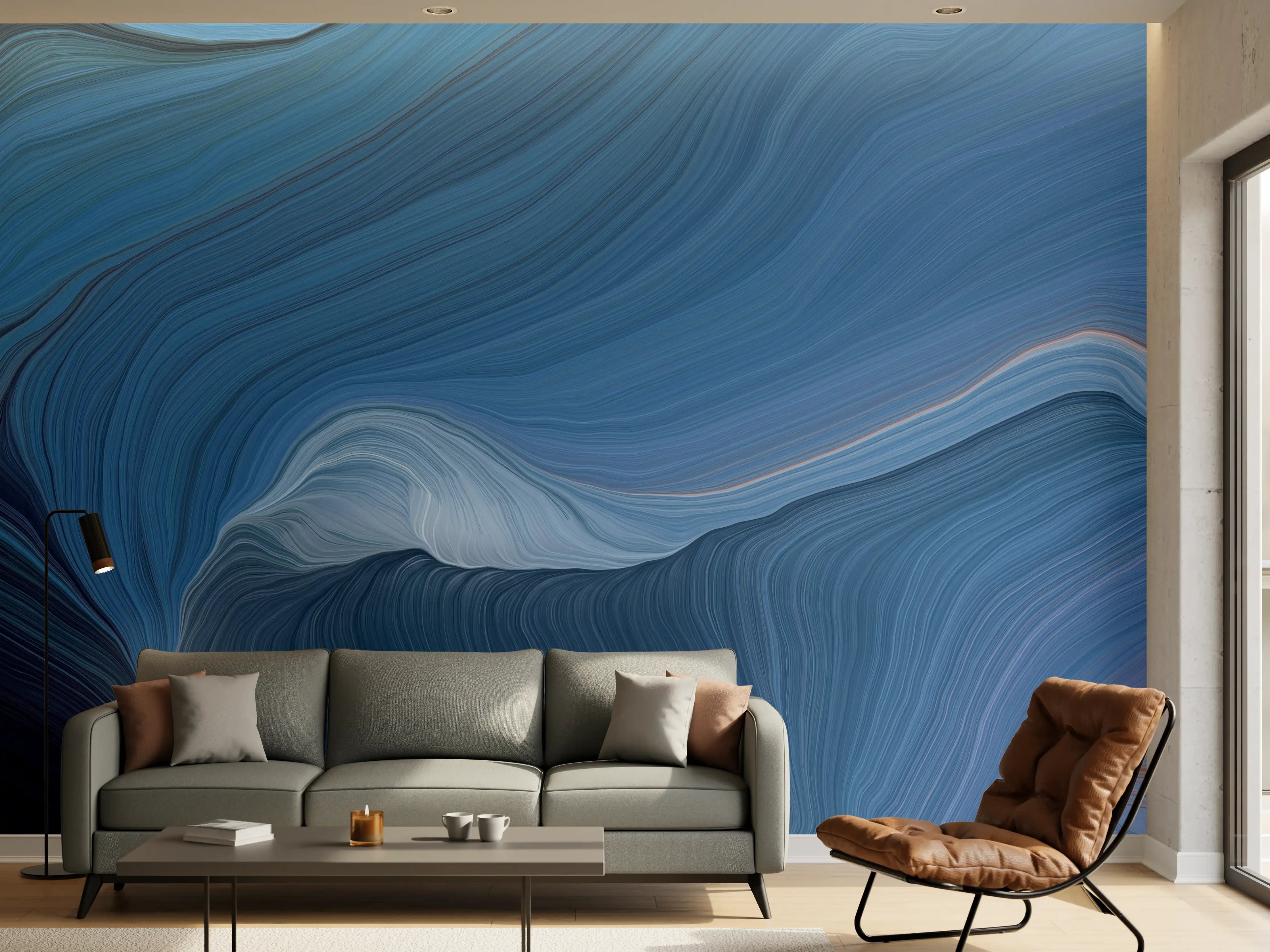 Wandverkleidung Wohnzimmer - Abstrakte Blaue Kunstgestaltung mit warmen Akzenten