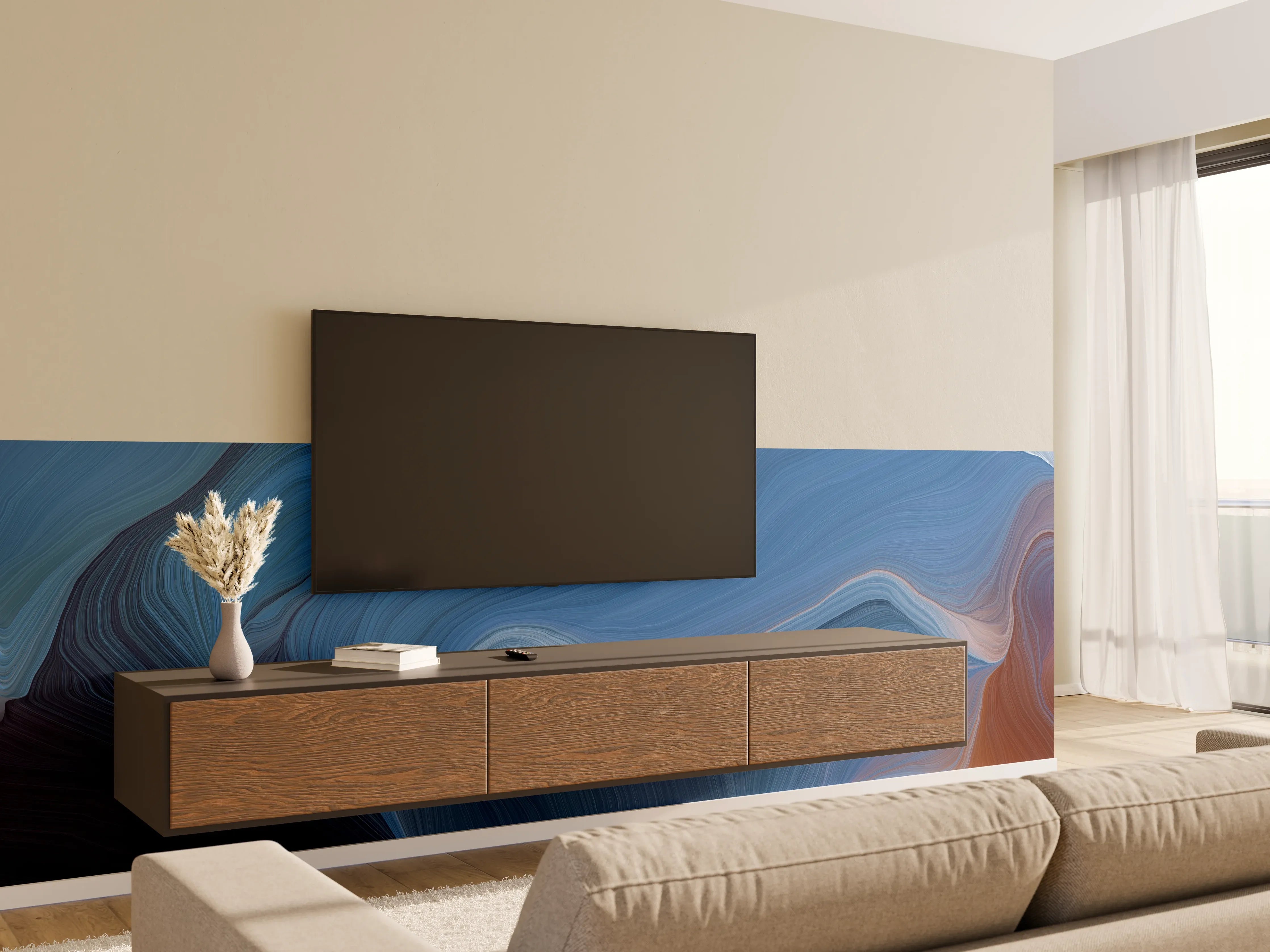 Wandverkleidung Wohnzimmer - Abstrakte Blaue Kunstgestaltung mit warmen Akzenten