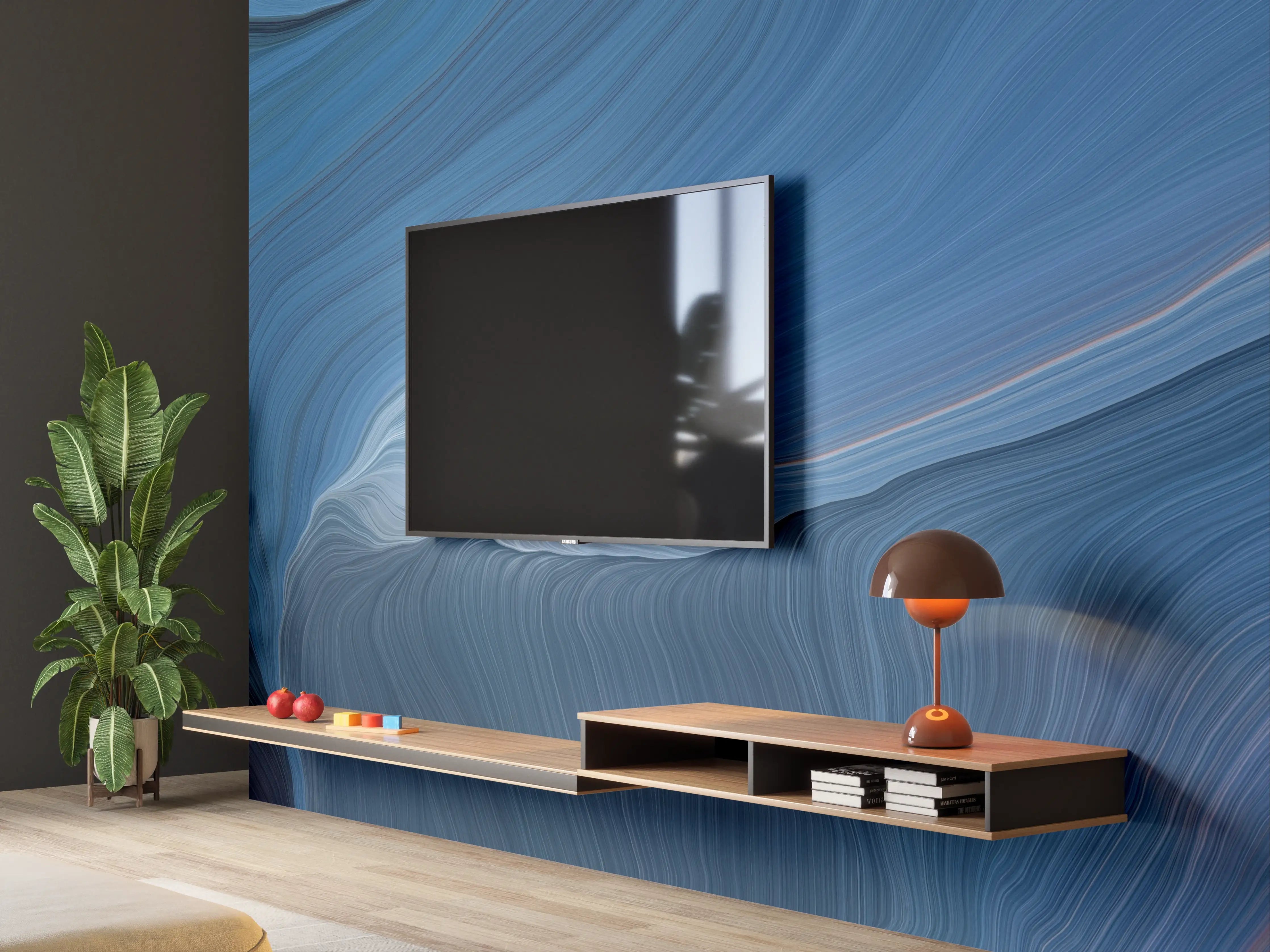 Wandverkleidung Wohnzimmer - Abstrakte Blaue Kunstgestaltung mit warmen Akzenten