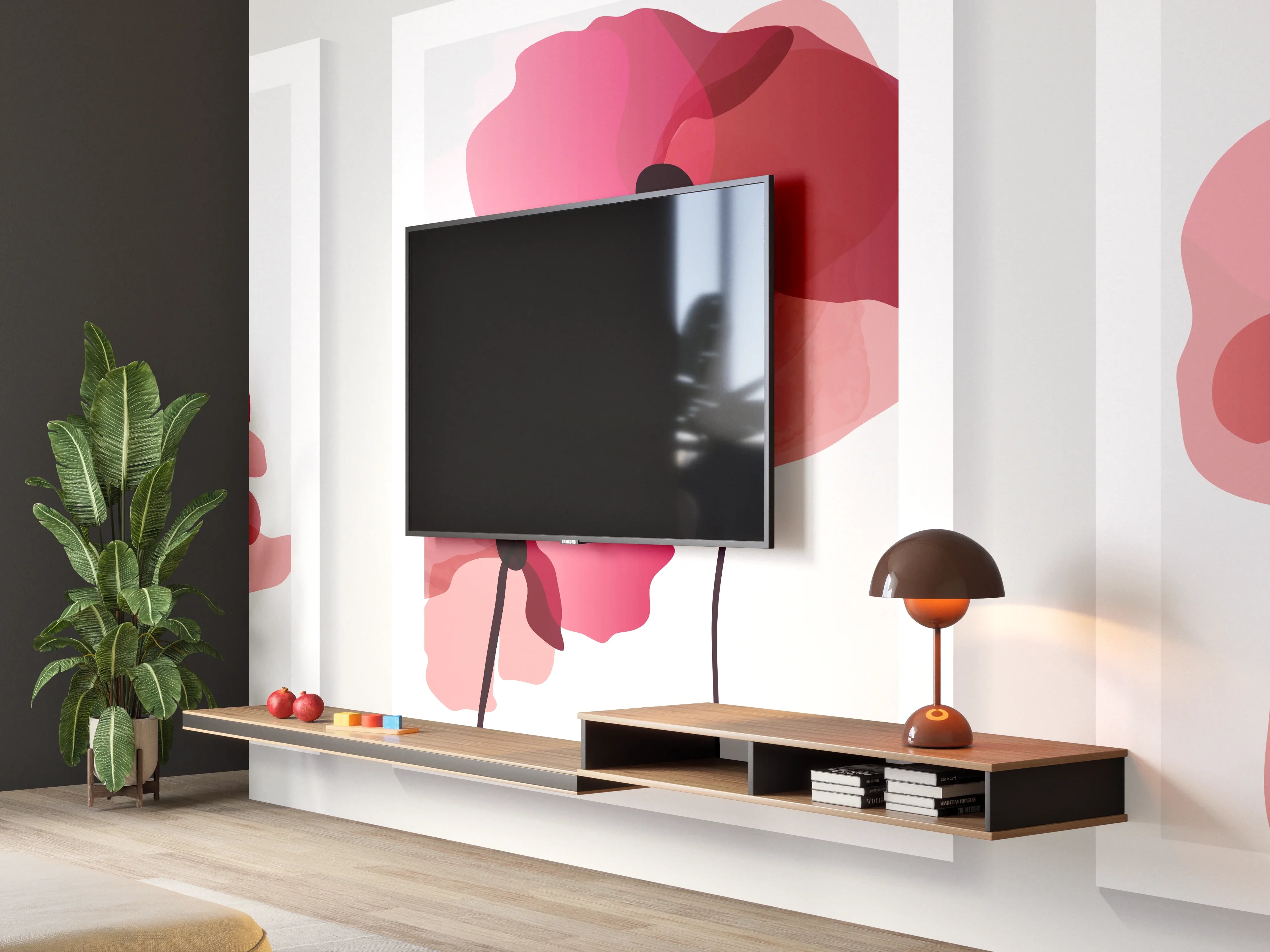Wandverkleidung Wohnzimmer - Abstrakte Blüten Rot-Pink