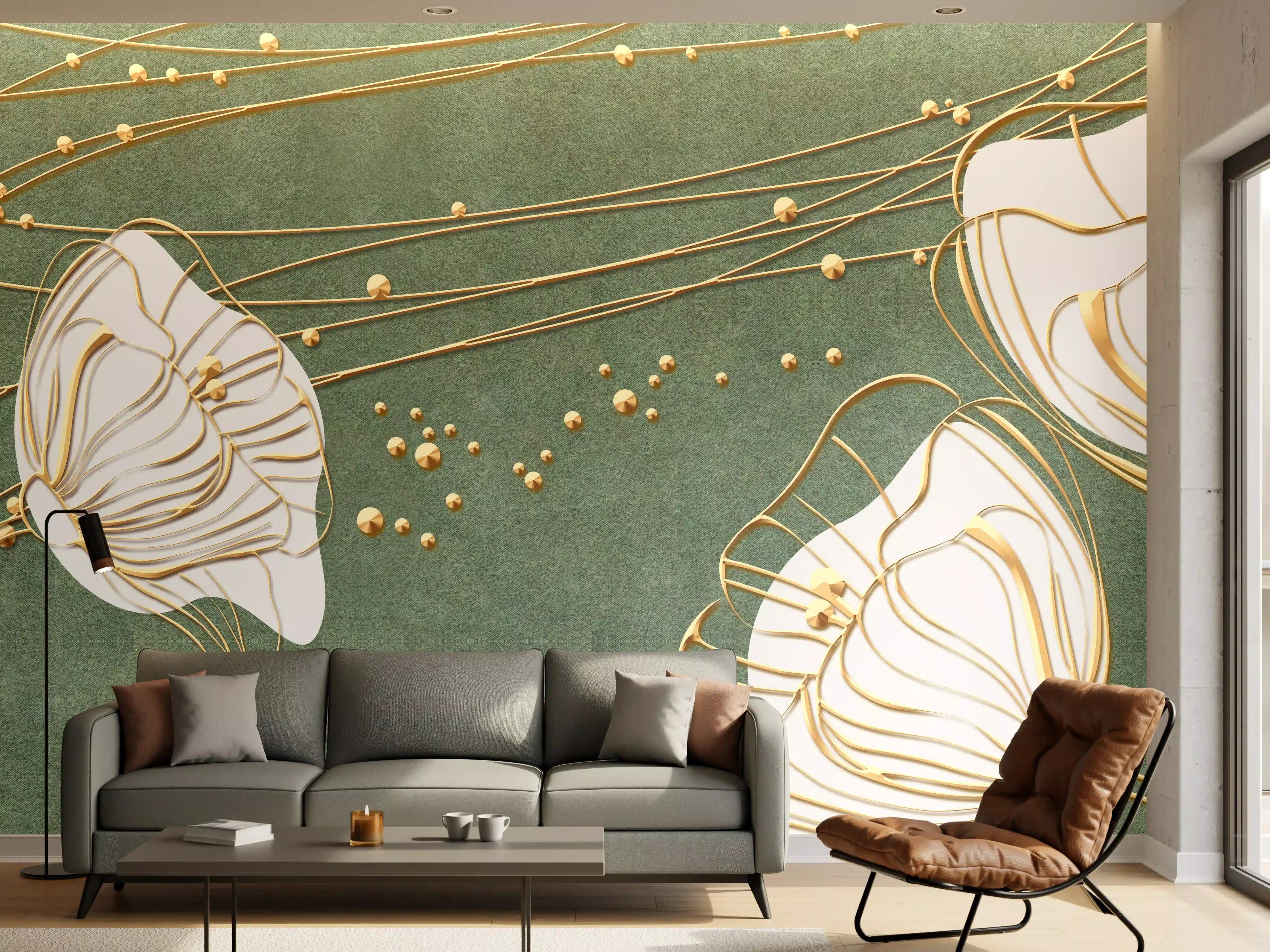 Wandverkleidung Wohnzimmer - Abstrakte Blumen Beige Grün