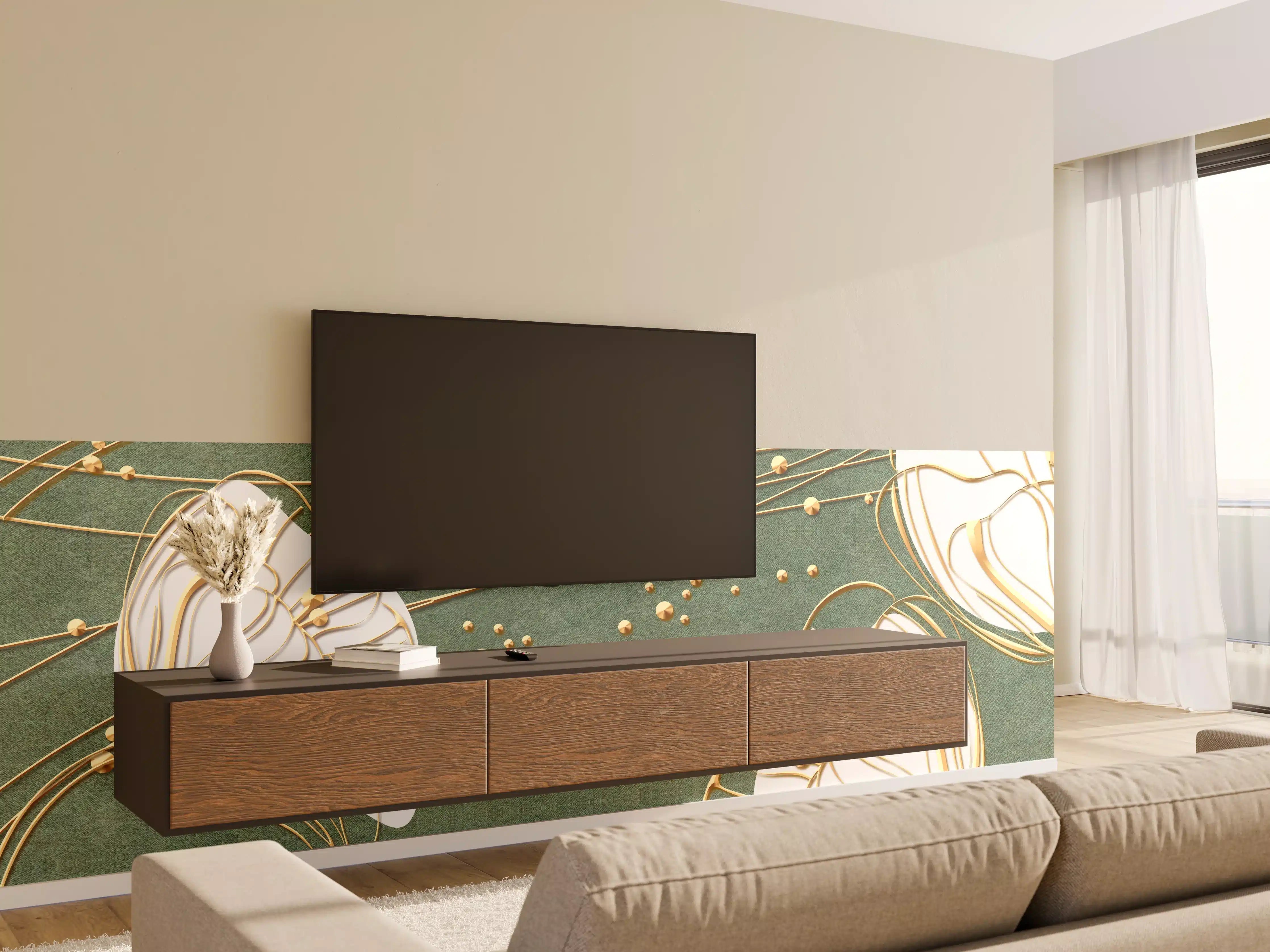 Wandverkleidung Wohnzimmer - Abstrakte Blumen Beige Grün