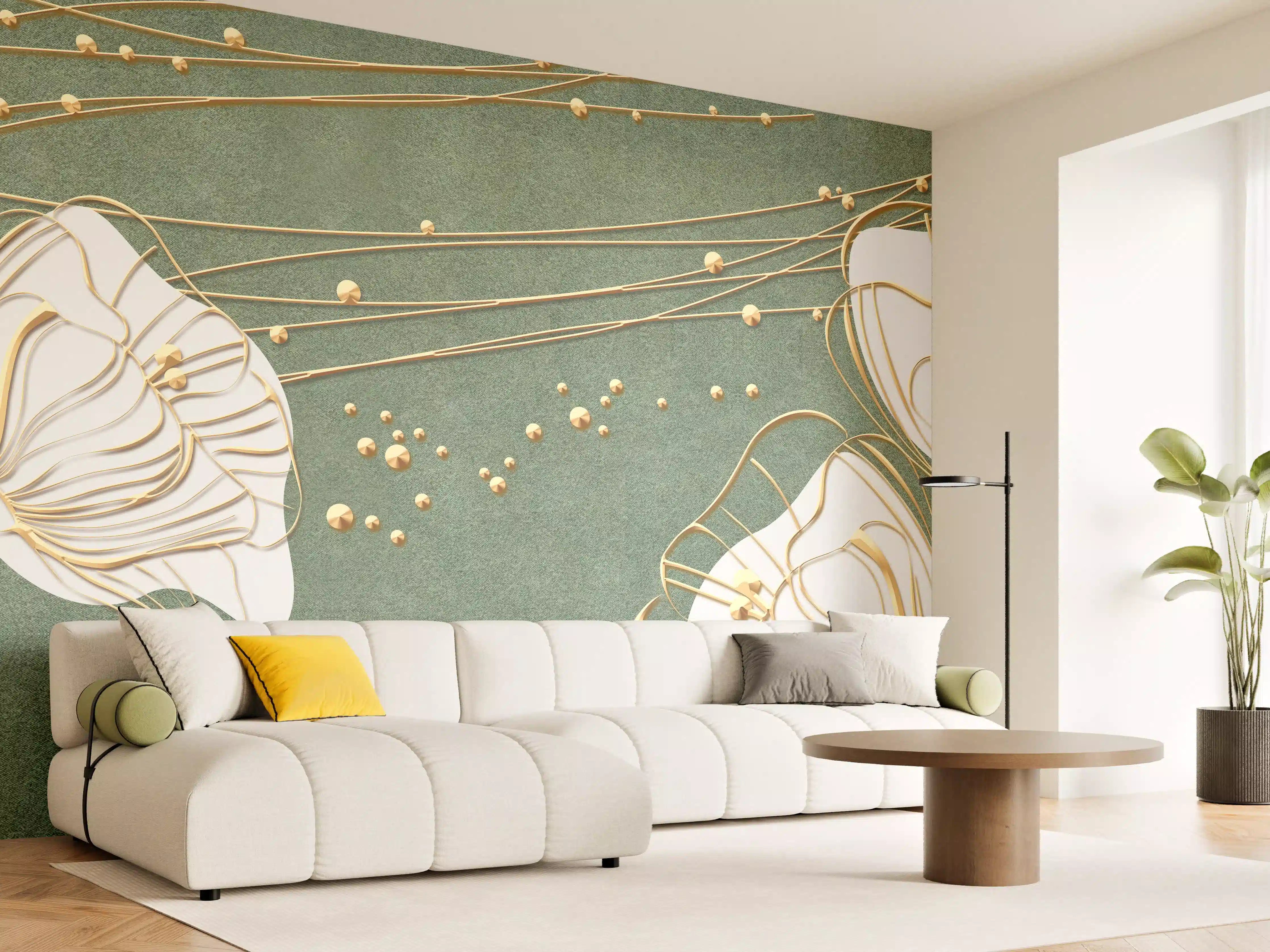 Wandverkleidung Wohnzimmer - Abstrakte Blumen Beige Grün