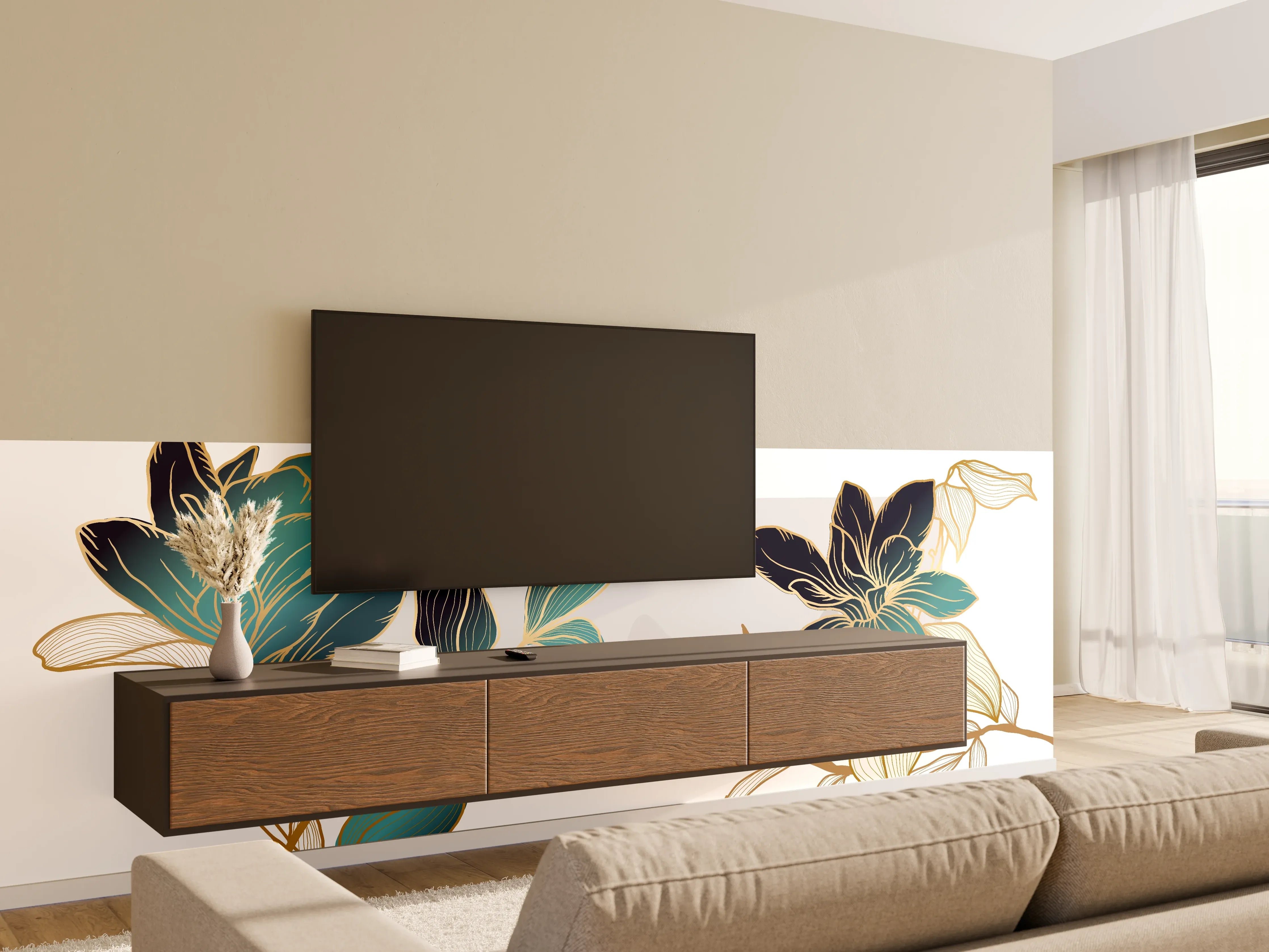Wandverkleidung Wohnzimmer - Abstrakte Blumen Gold-Blau Illustration