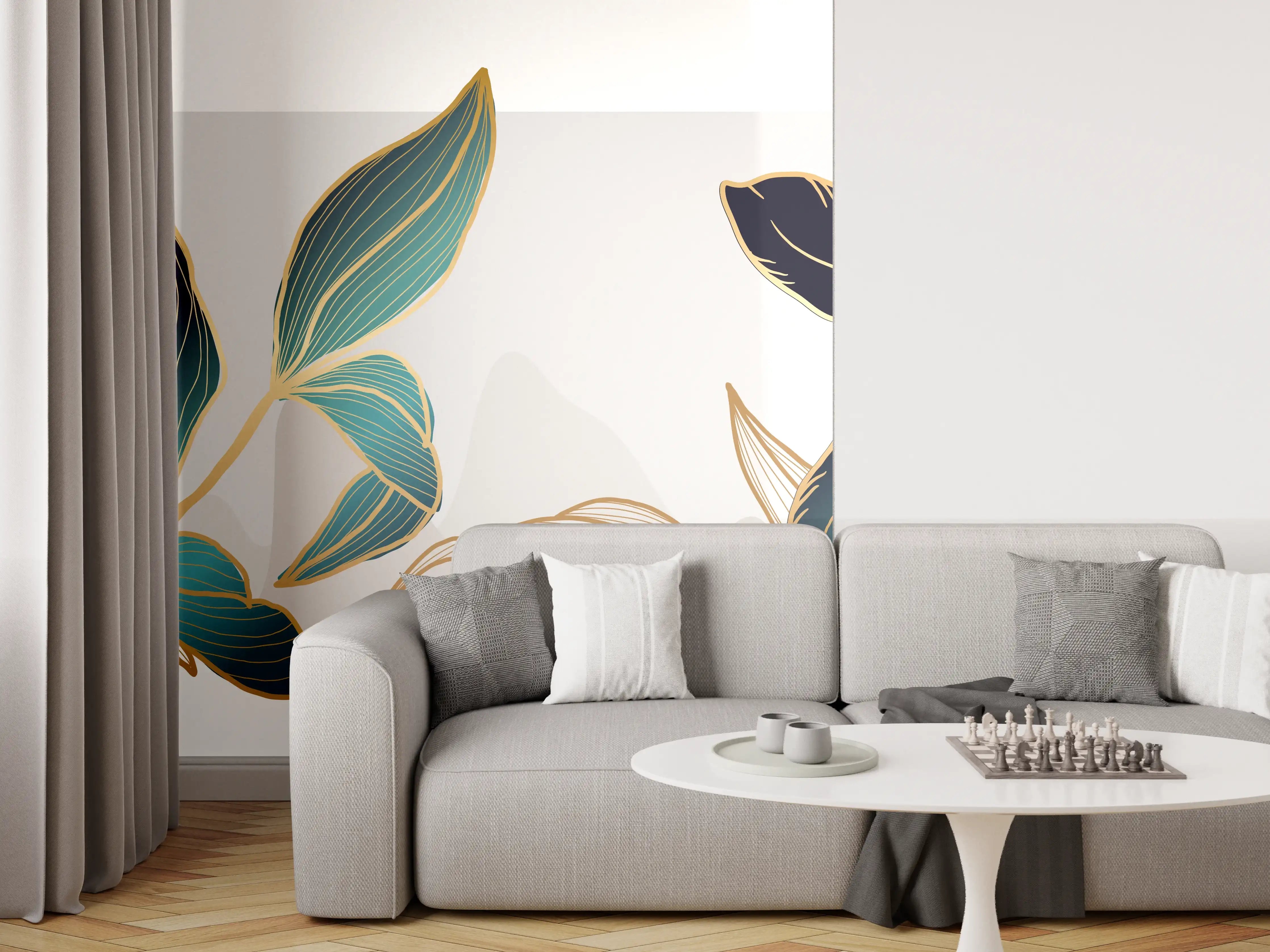 Wandverkleidung Wohnzimmer - Abstrakte Blumen Gold-Blau Illustration