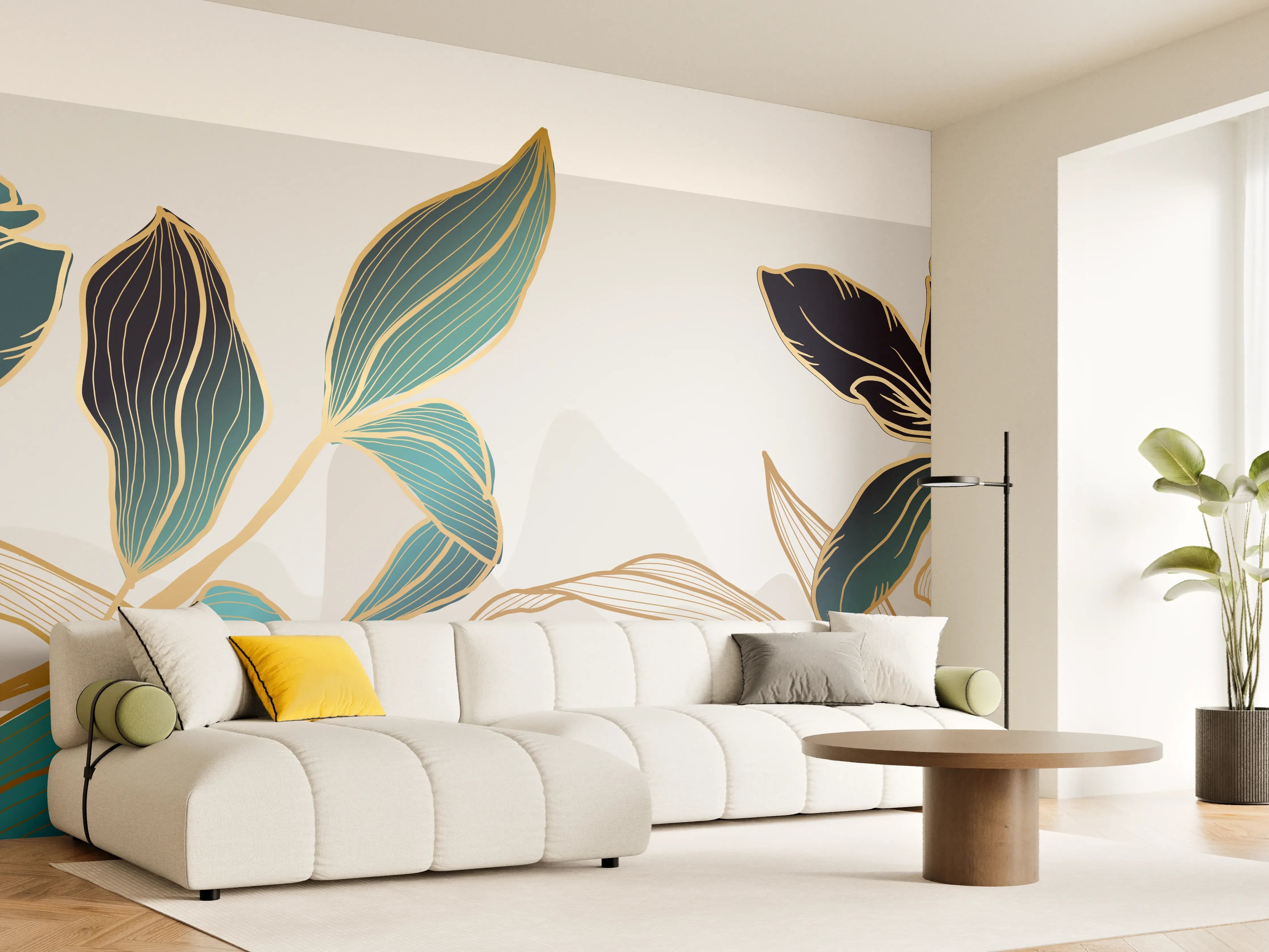 Wandverkleidung Wohnzimmer - Abstrakte Blumen Gold-Blau Illustration