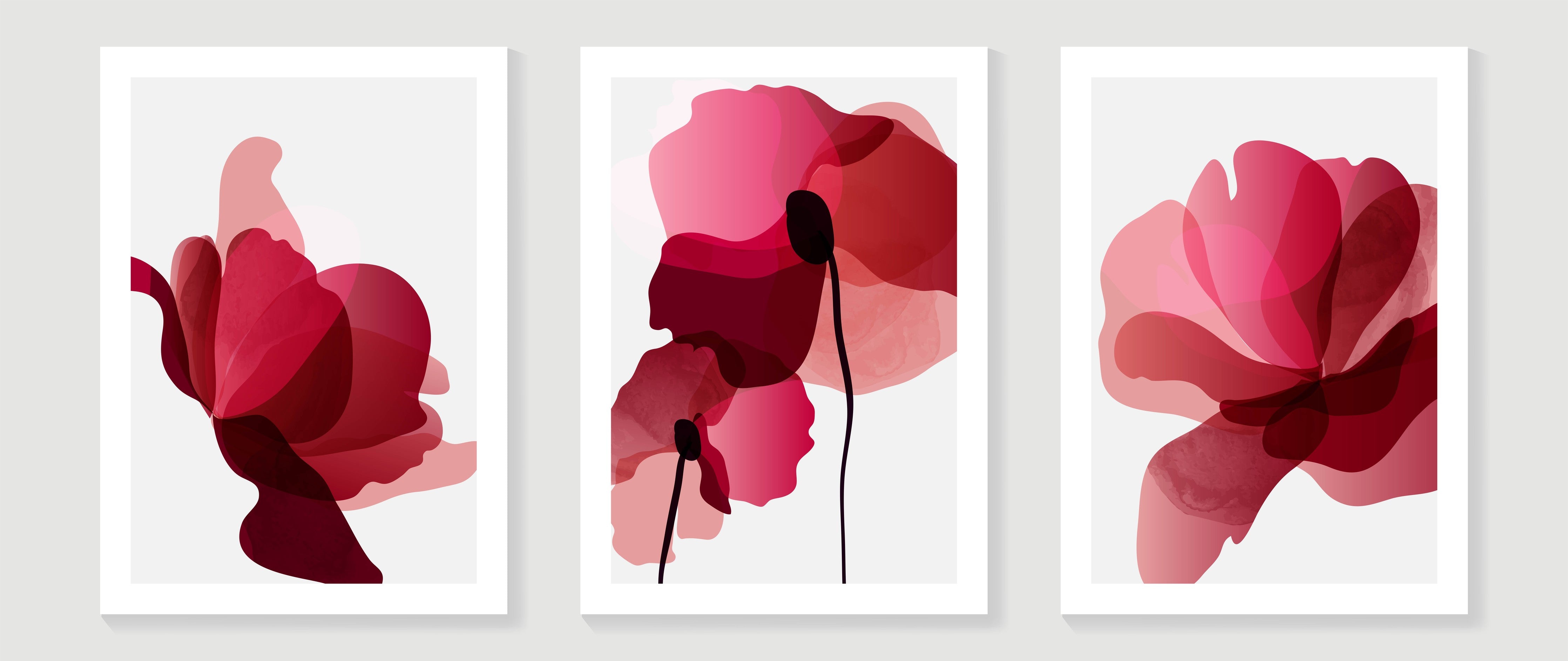 Wandverkleidung Wohnzimmer-Abstrakte Blumen Triptychon Rot