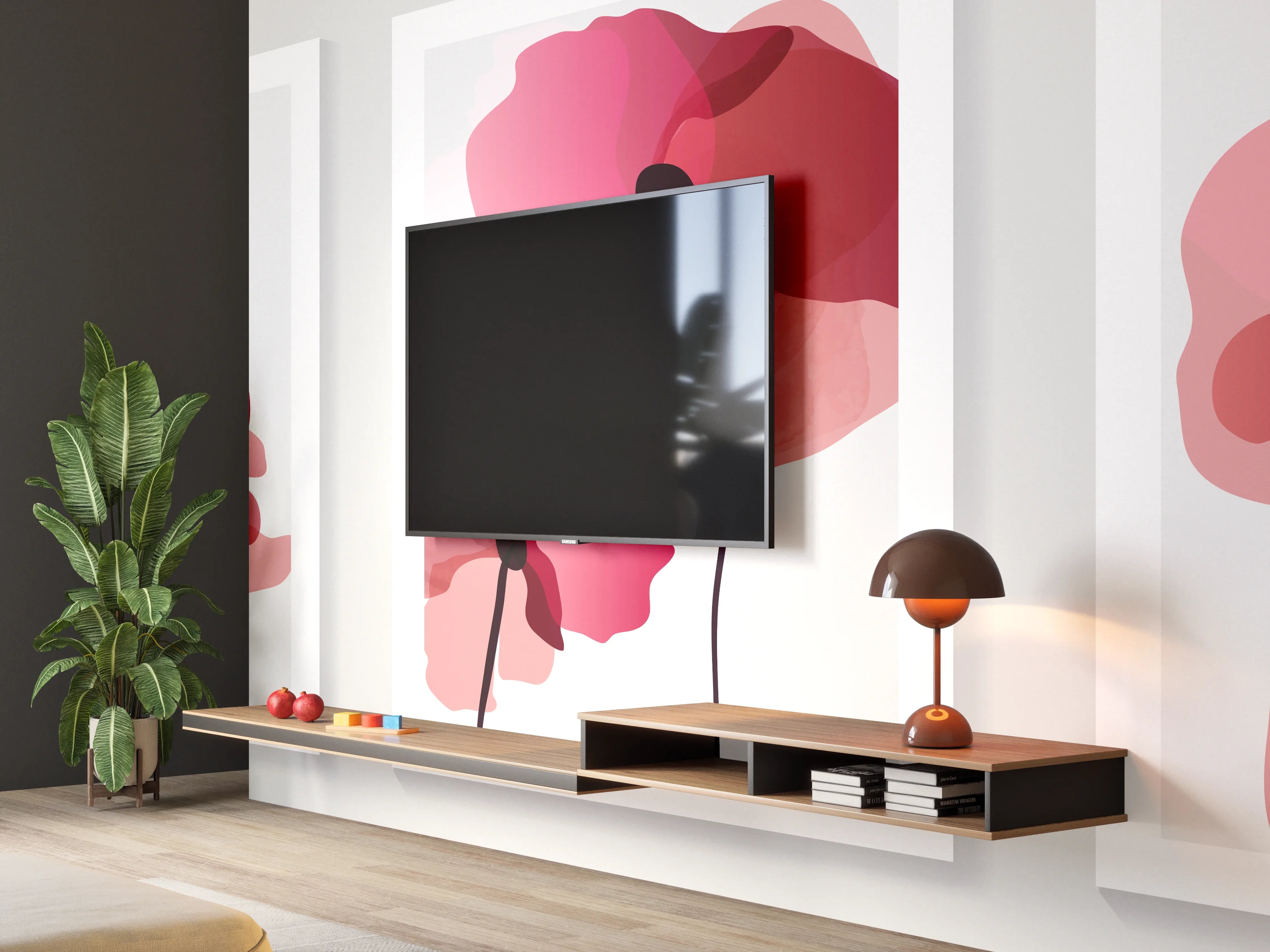 Wandverkleidung Wohnzimmer - Abstrakte Blumen Triptychon Rot