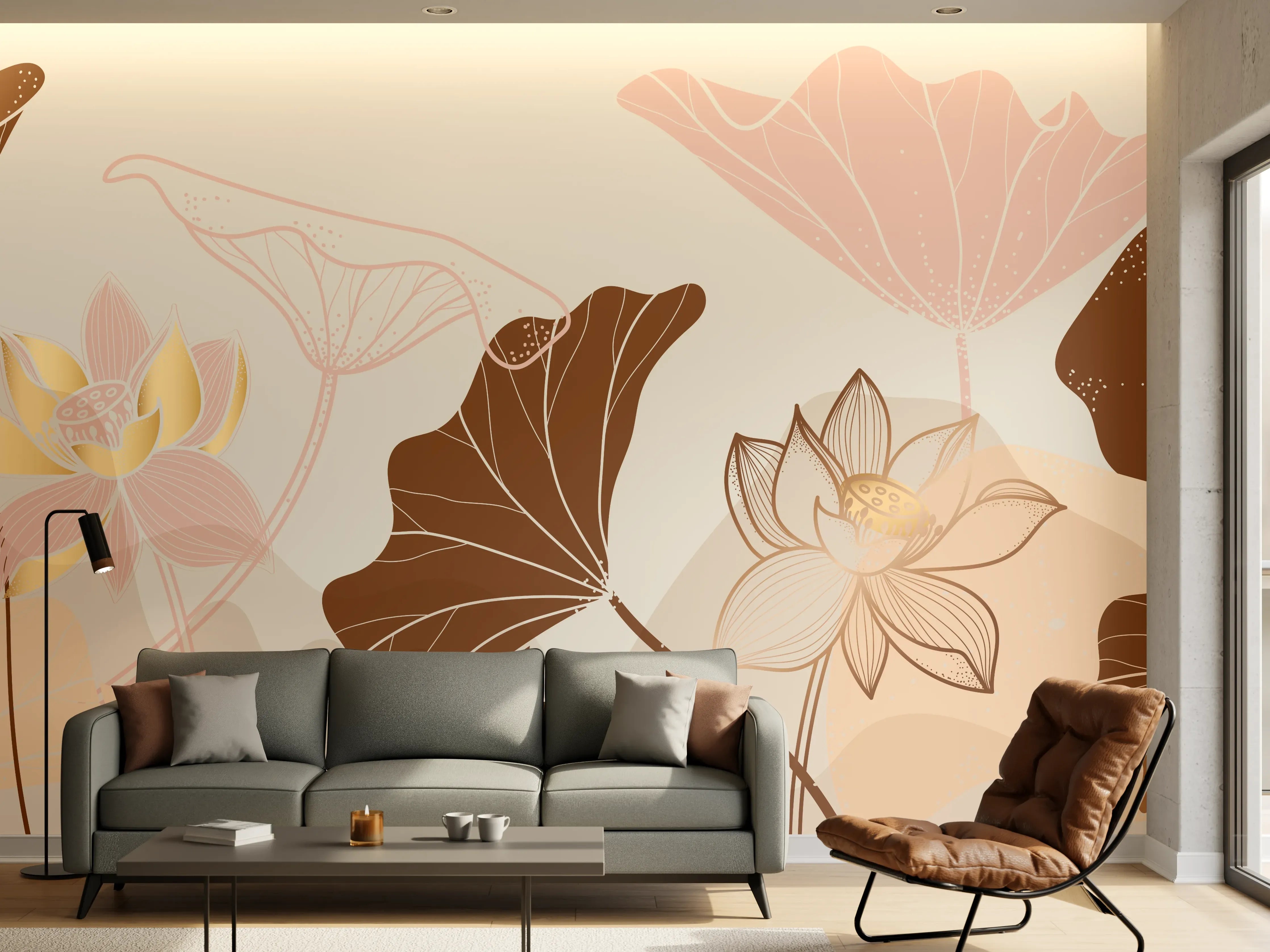 Wandverkleidung Wohnzimmer - Abstrakte Blumen Zeichnung Beige