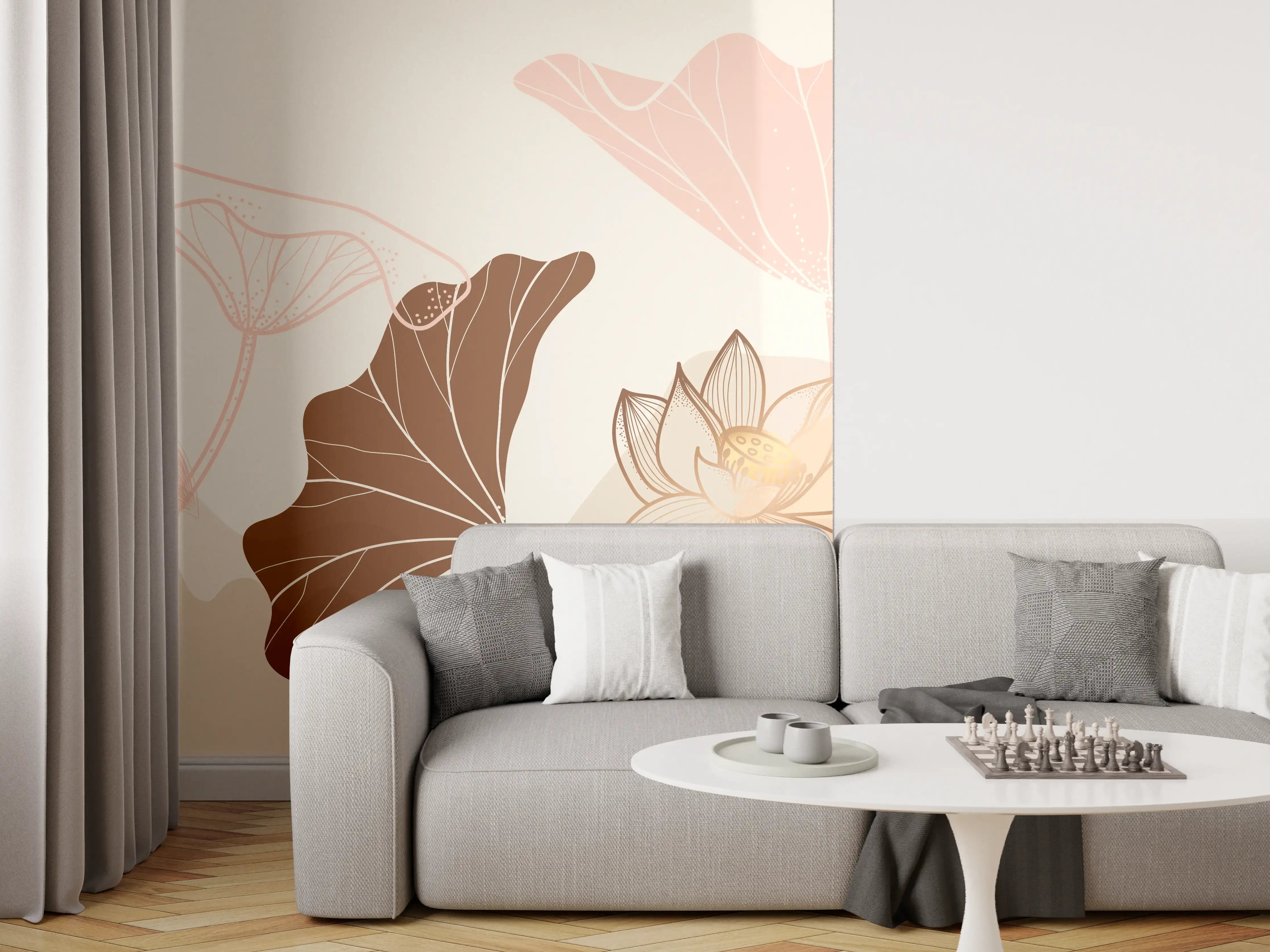 Wandverkleidung Wohnzimmer - Abstrakte Blumen Zeichnung Beige
