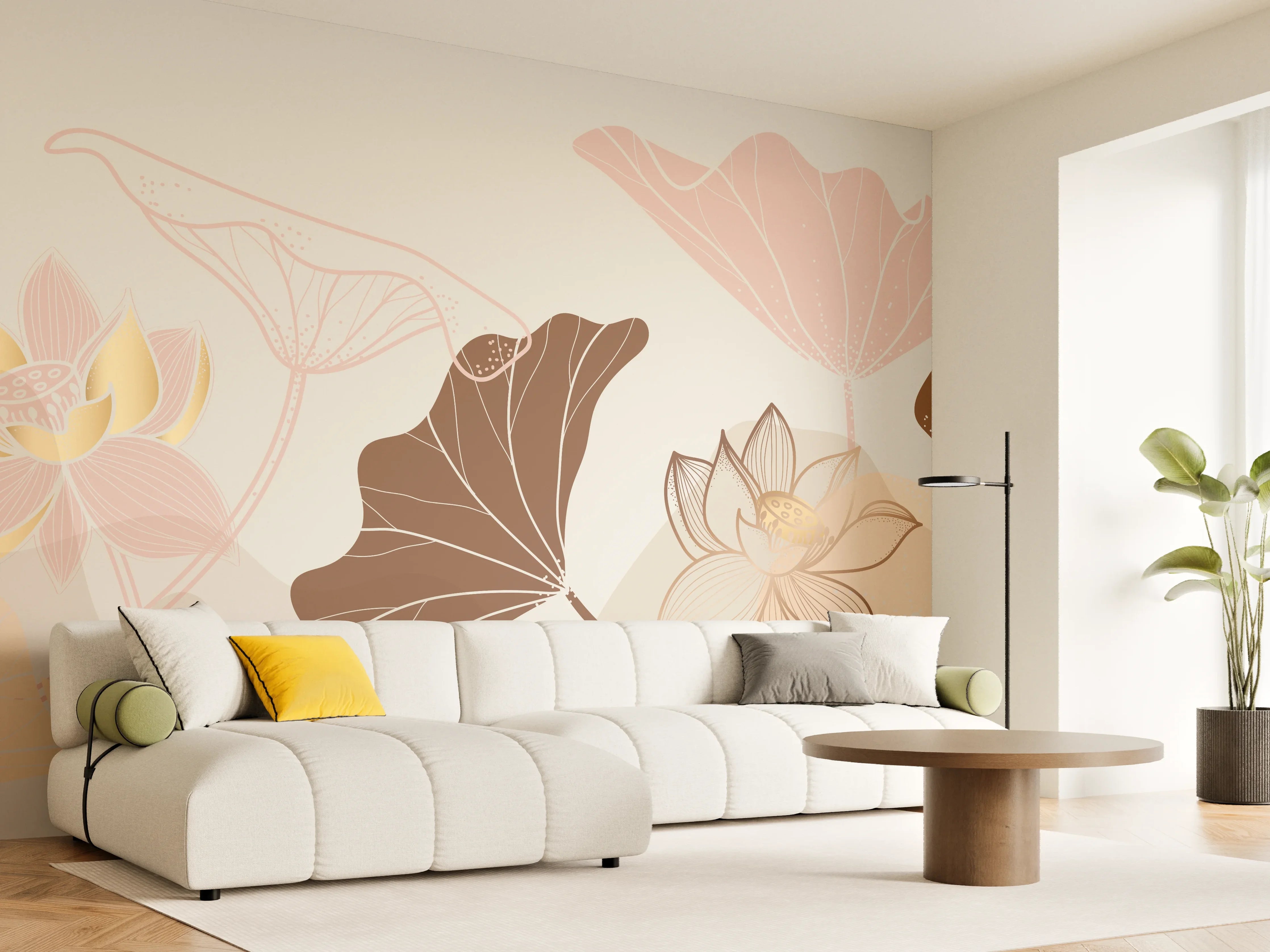 Wandverkleidung Wohnzimmer - Abstrakte Blumen Zeichnung Beige
