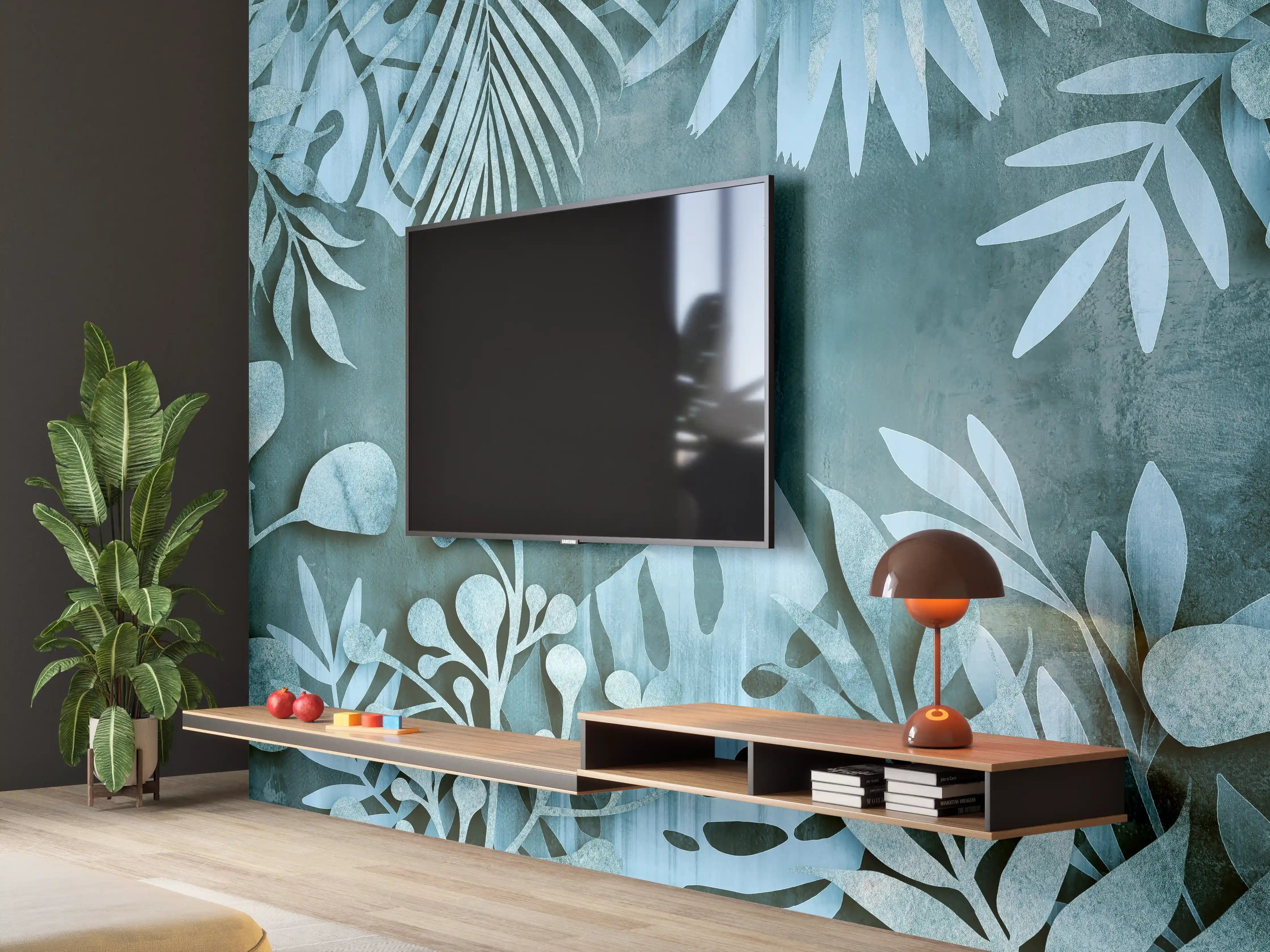 Wandverkleidung Wohnzimmer - Abstrakte Botanik in Blau-Türkis