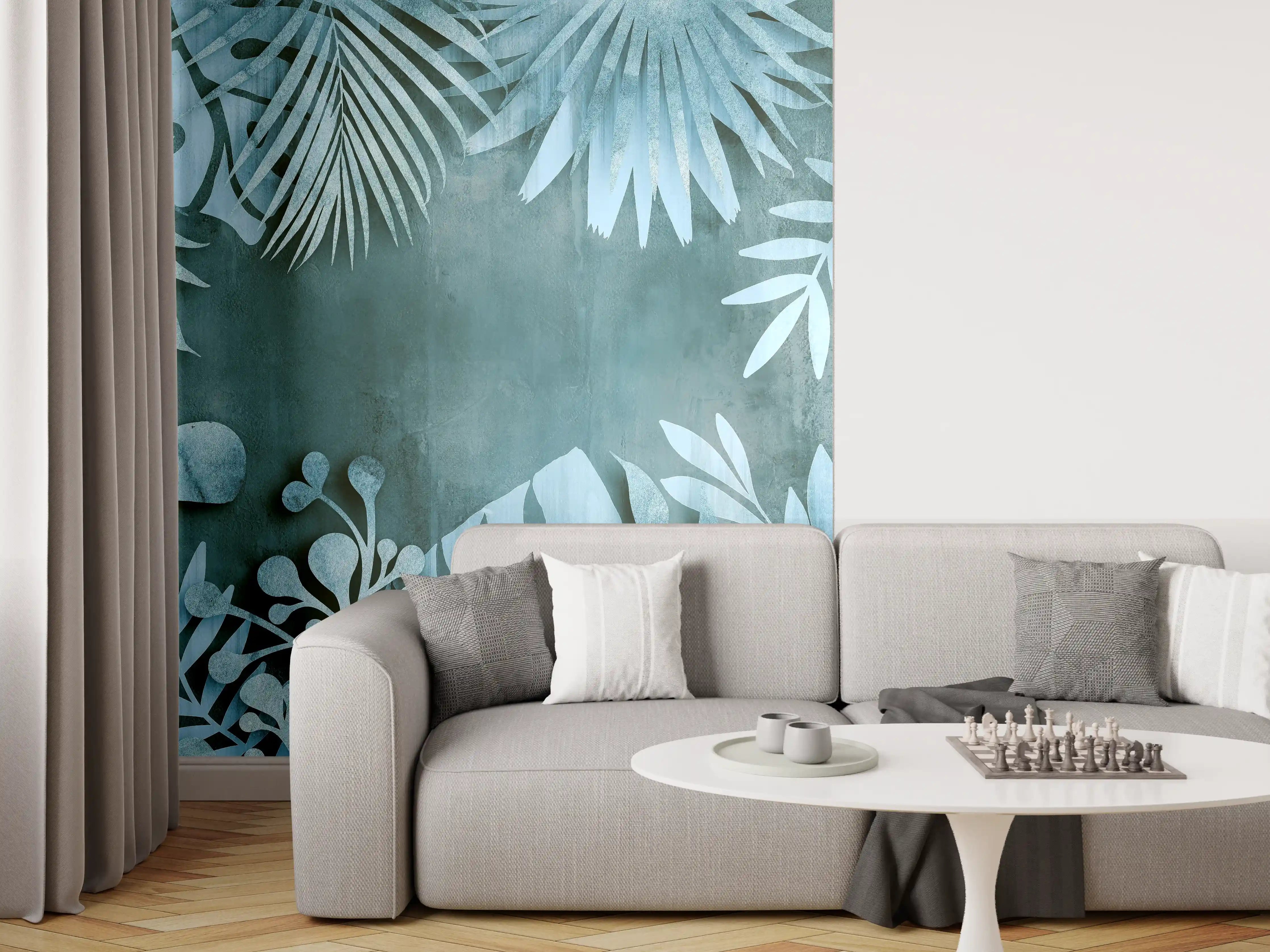 Wandverkleidung Wohnzimmer - Abstrakte Botanik in Blau-Türkis