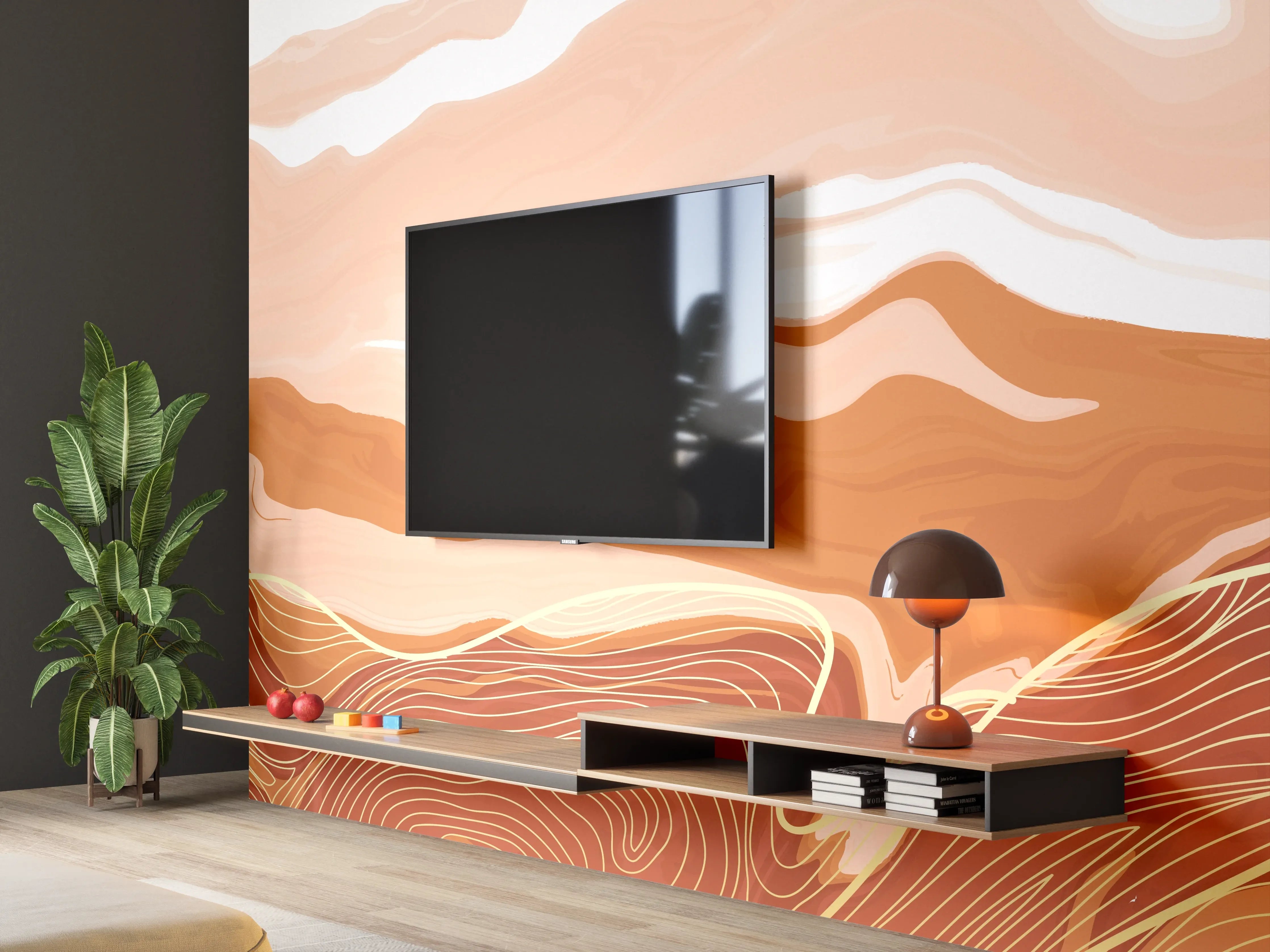 Wandverkleidung Wohnzimmer - Abstrakte Erdtöne Linienkunst