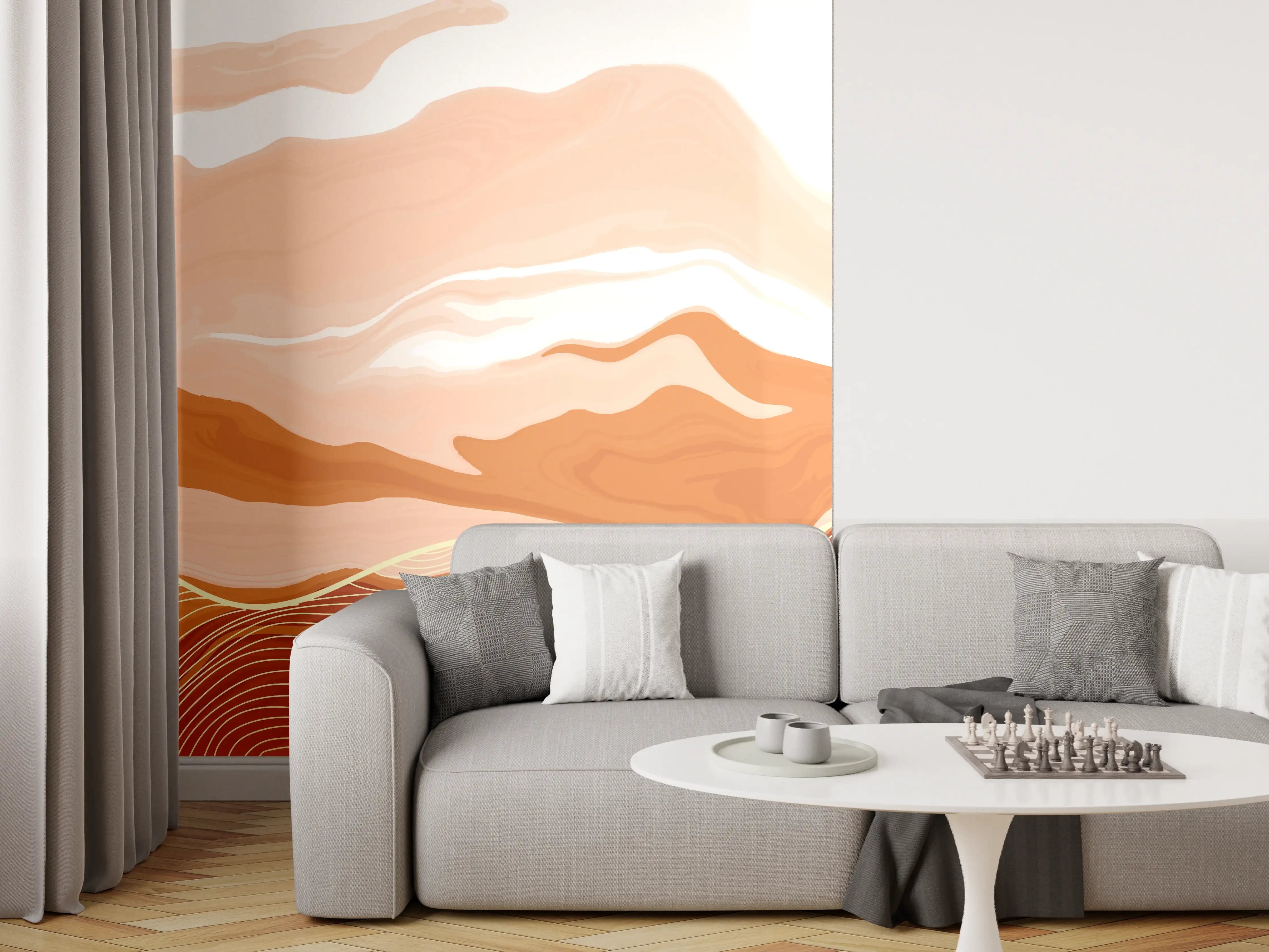 Wandverkleidung Wohnzimmer - Abstrakte Erdtöne Linienkunst