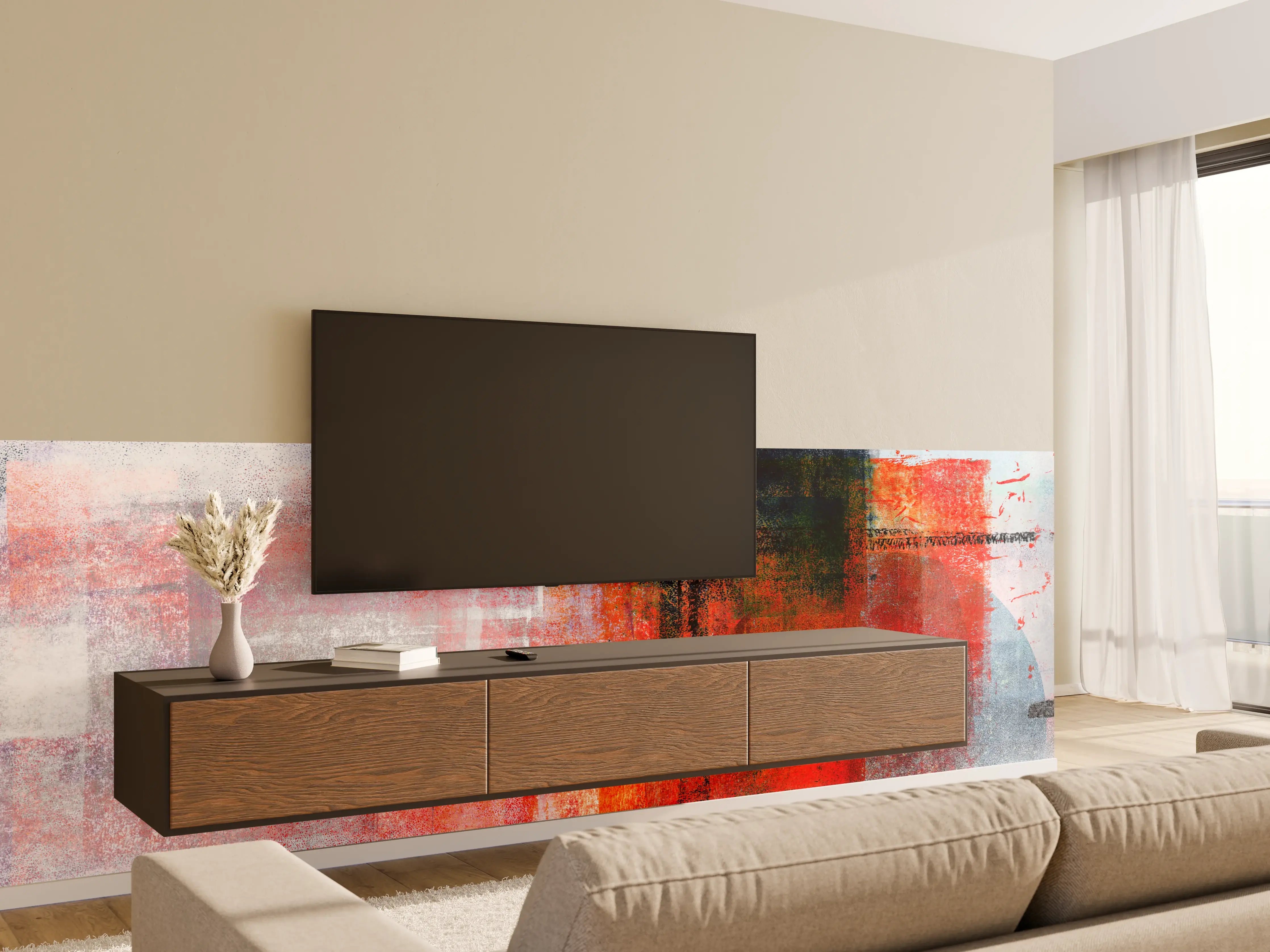 Wandverkleidung Wohnzimmer - Abstrakte Farbkomposition in Rot, Schwarz und Grau