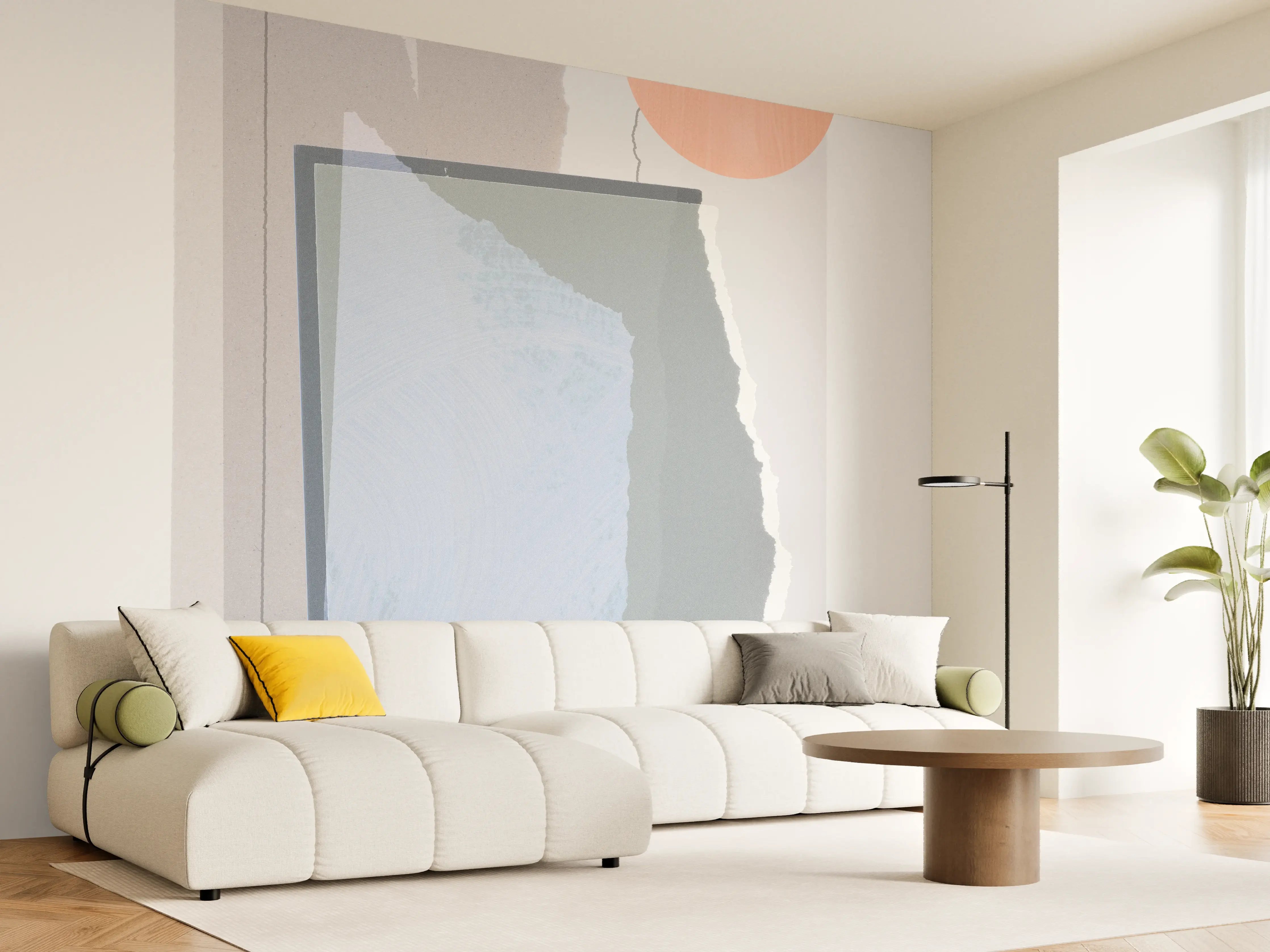 Wandverkleidung Wohnzimmer - Abstrakte Geometrie in Pastellfarben