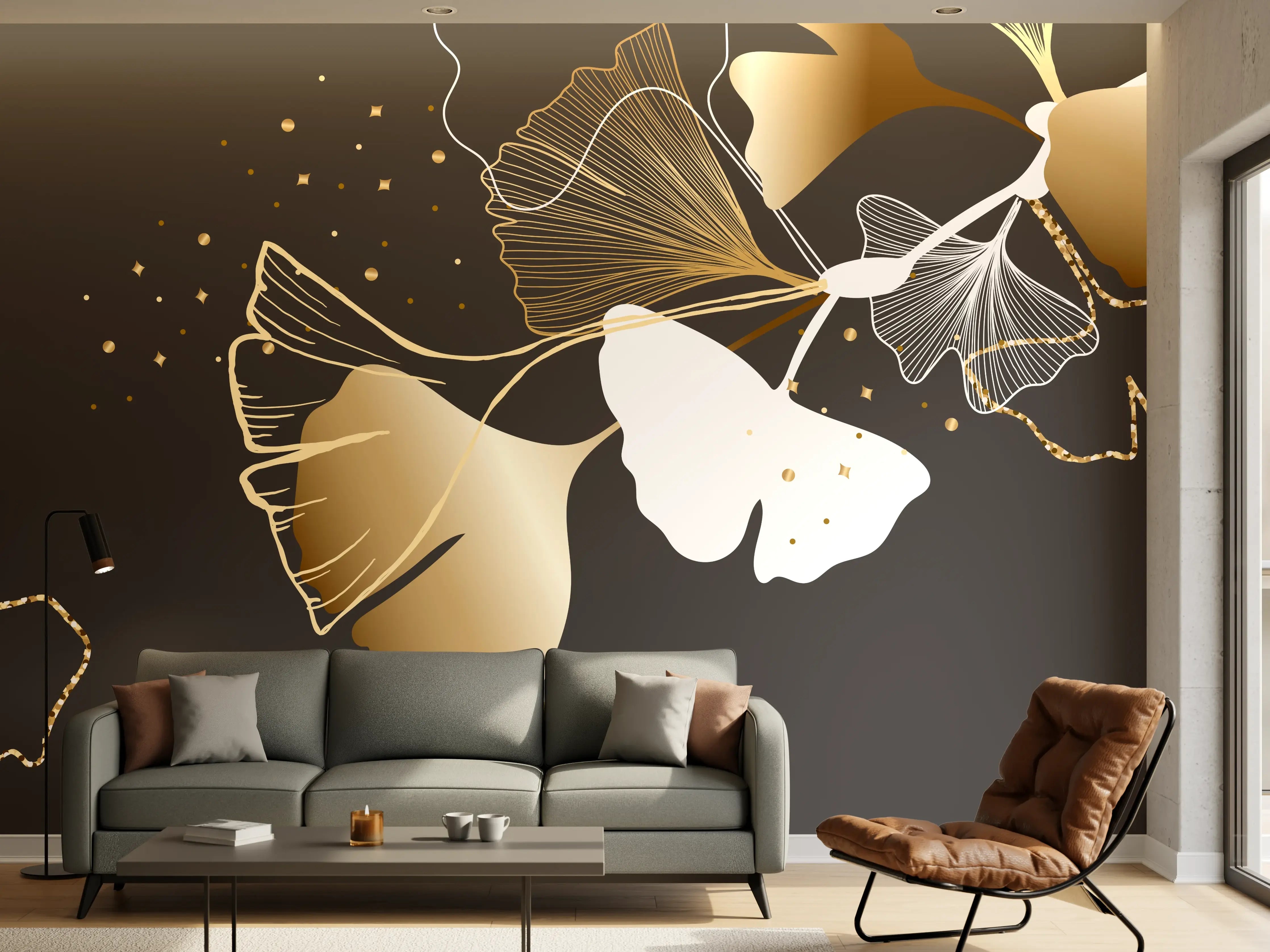Wandverkleidung Wohnzimmer - Abstrakte Ginkgo Muster Gold Schwarz