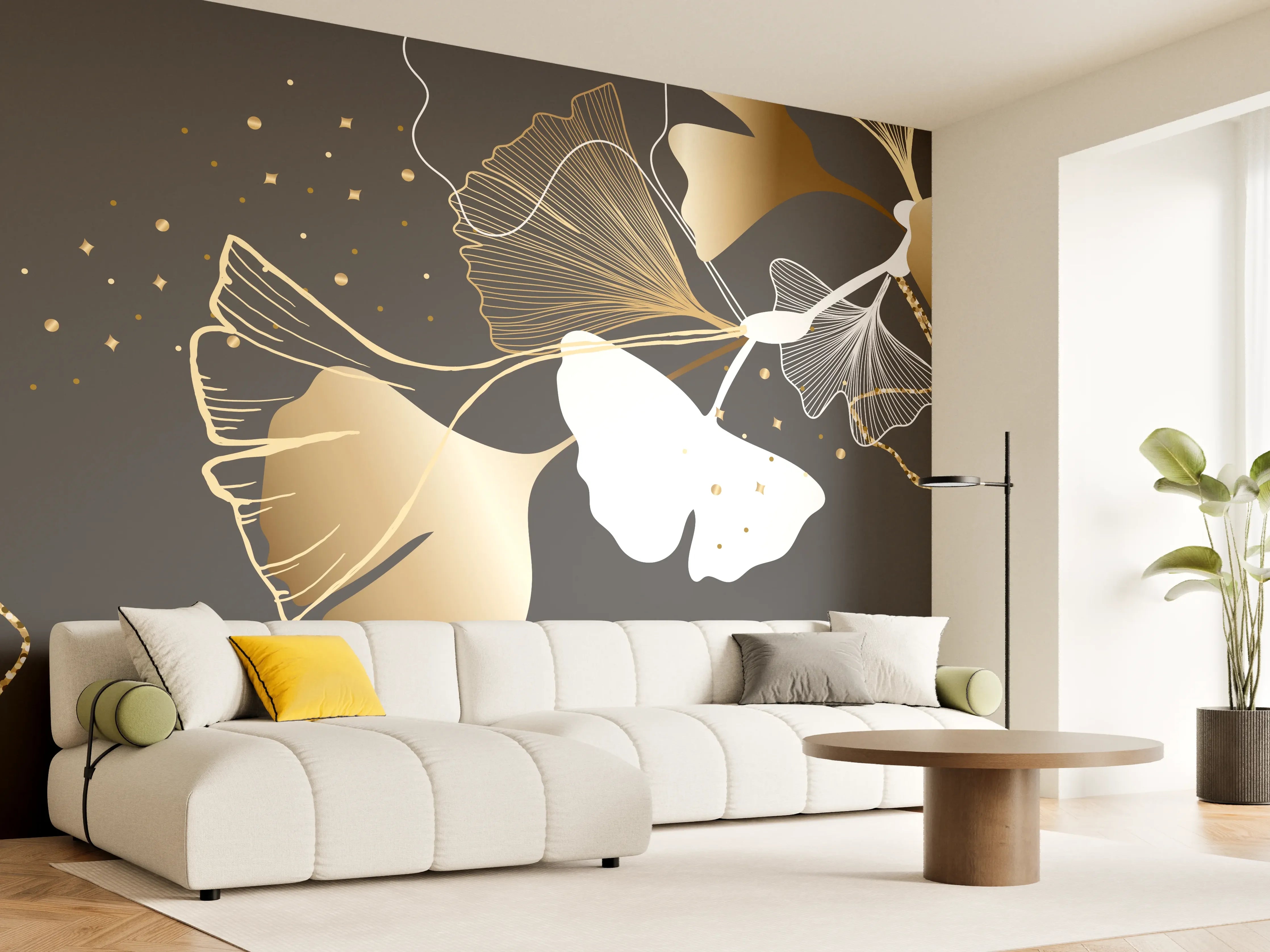 Wandverkleidung Wohnzimmer - Abstrakte Ginkgo Muster Gold Schwarz