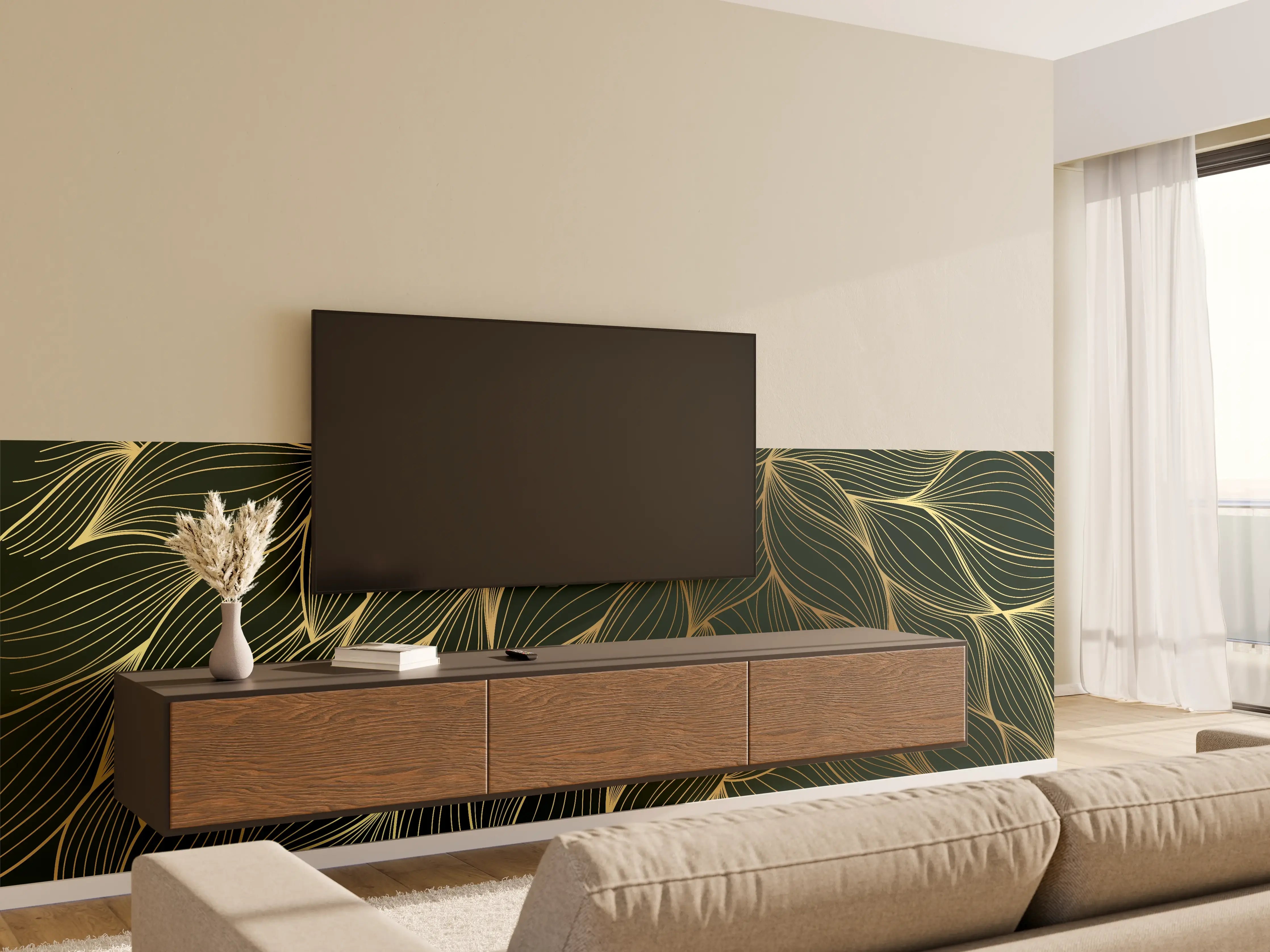 Wandverkleidung Wohnzimmer - Abstrakte Gold-Grün-Wellenmuster