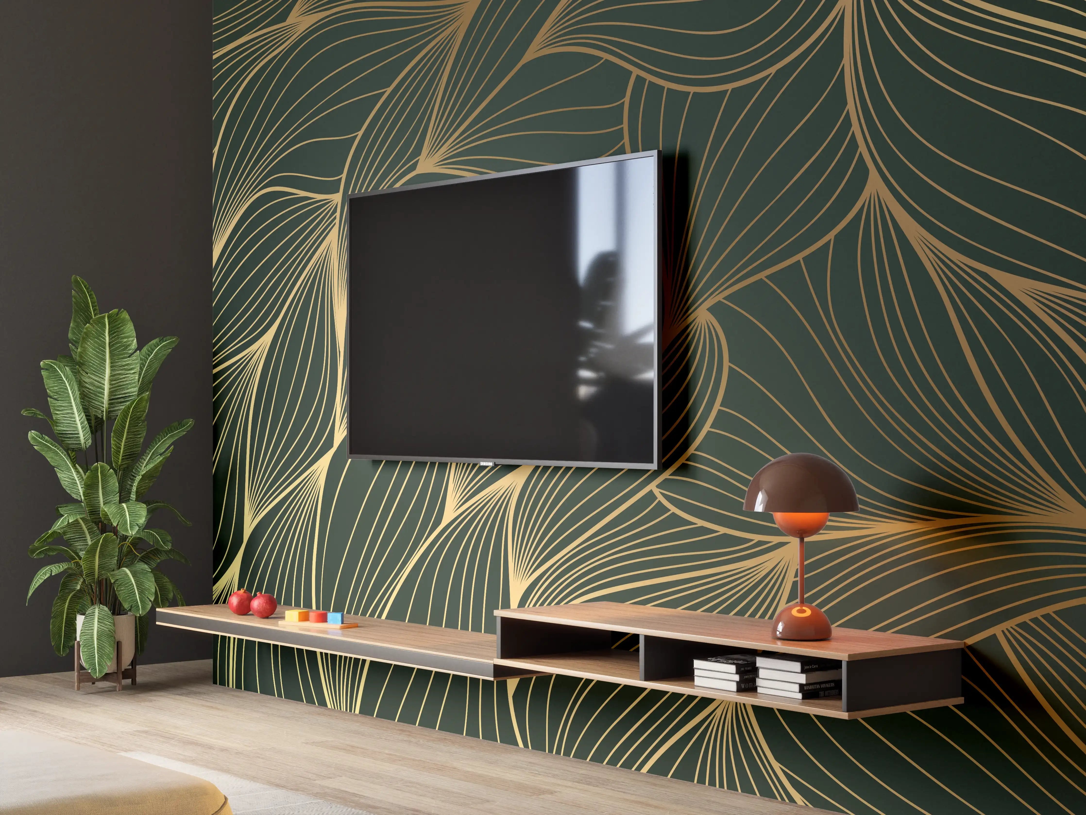 Wandverkleidung Wohnzimmer - Abstrakte Gold-Grün-Wellenmuster