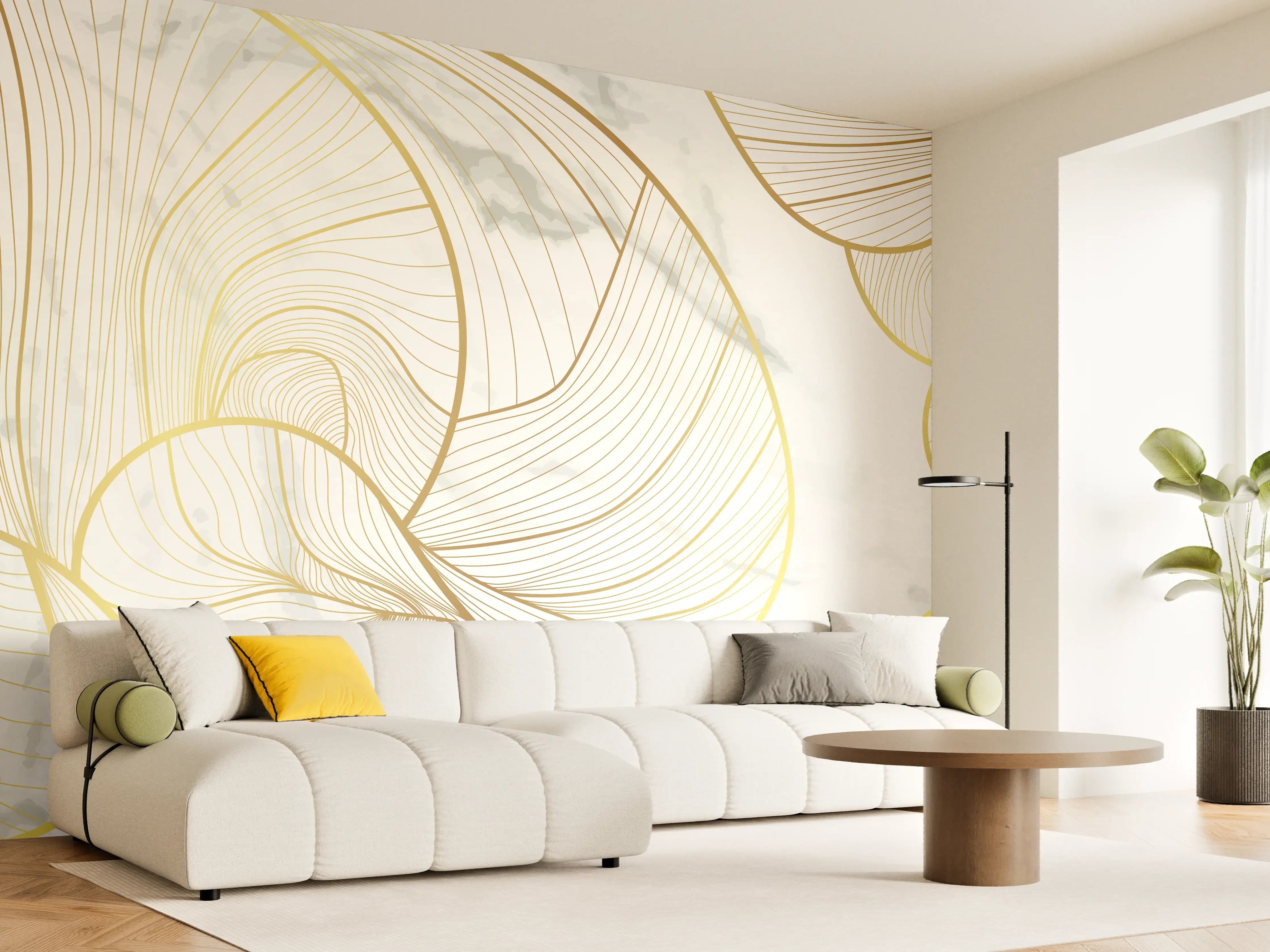 Wandverkleidung Wohnzimmer - Abstrakte Gold-Linien auf Weiß