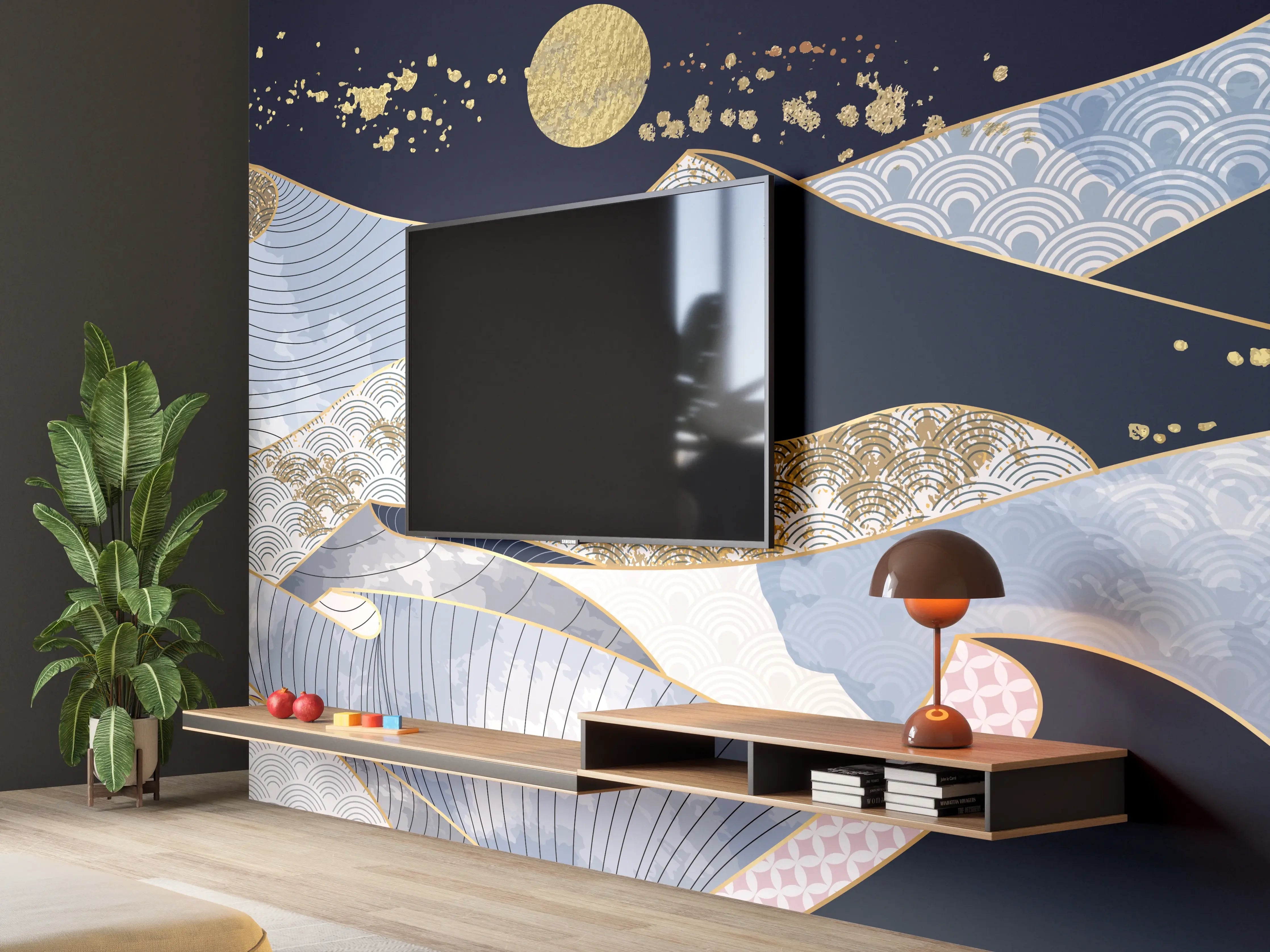 Wandverkleidung Wohnzimmer - Abstrakte Gold-Mond-Nacht