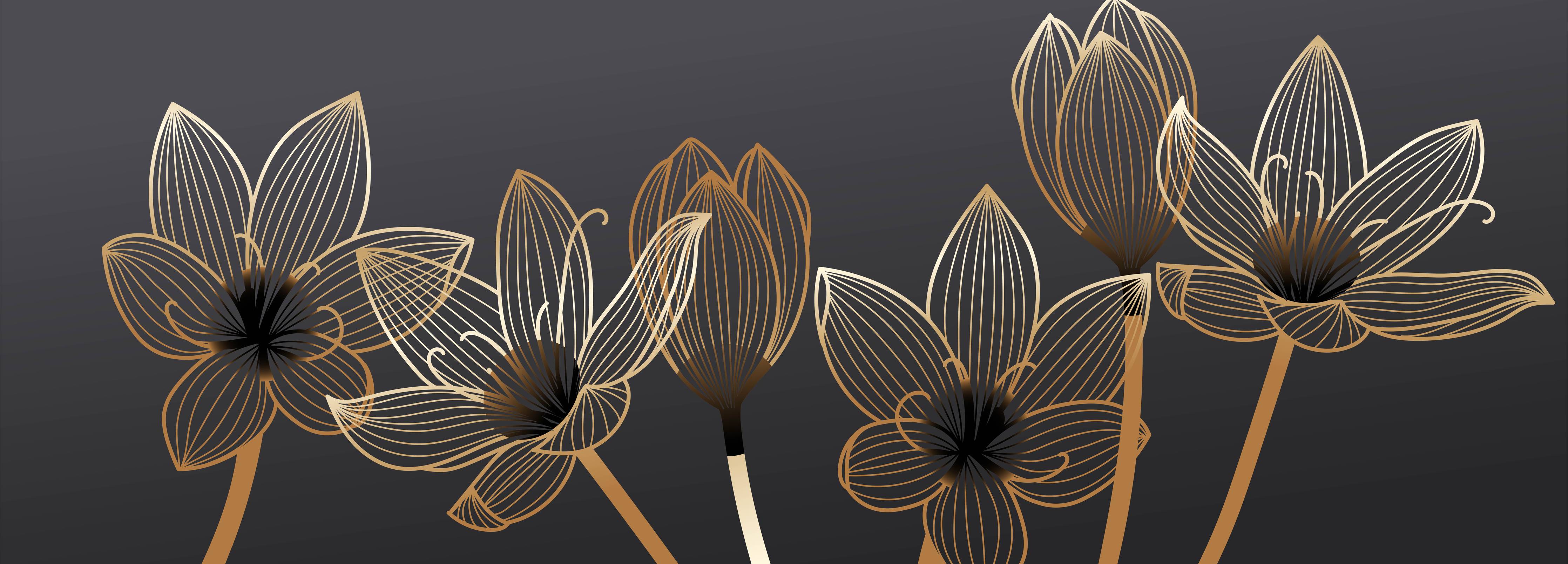 Wandverkleidung Wohnzimmer-Abstrakte Gold-Schwarz Blumen Linienart