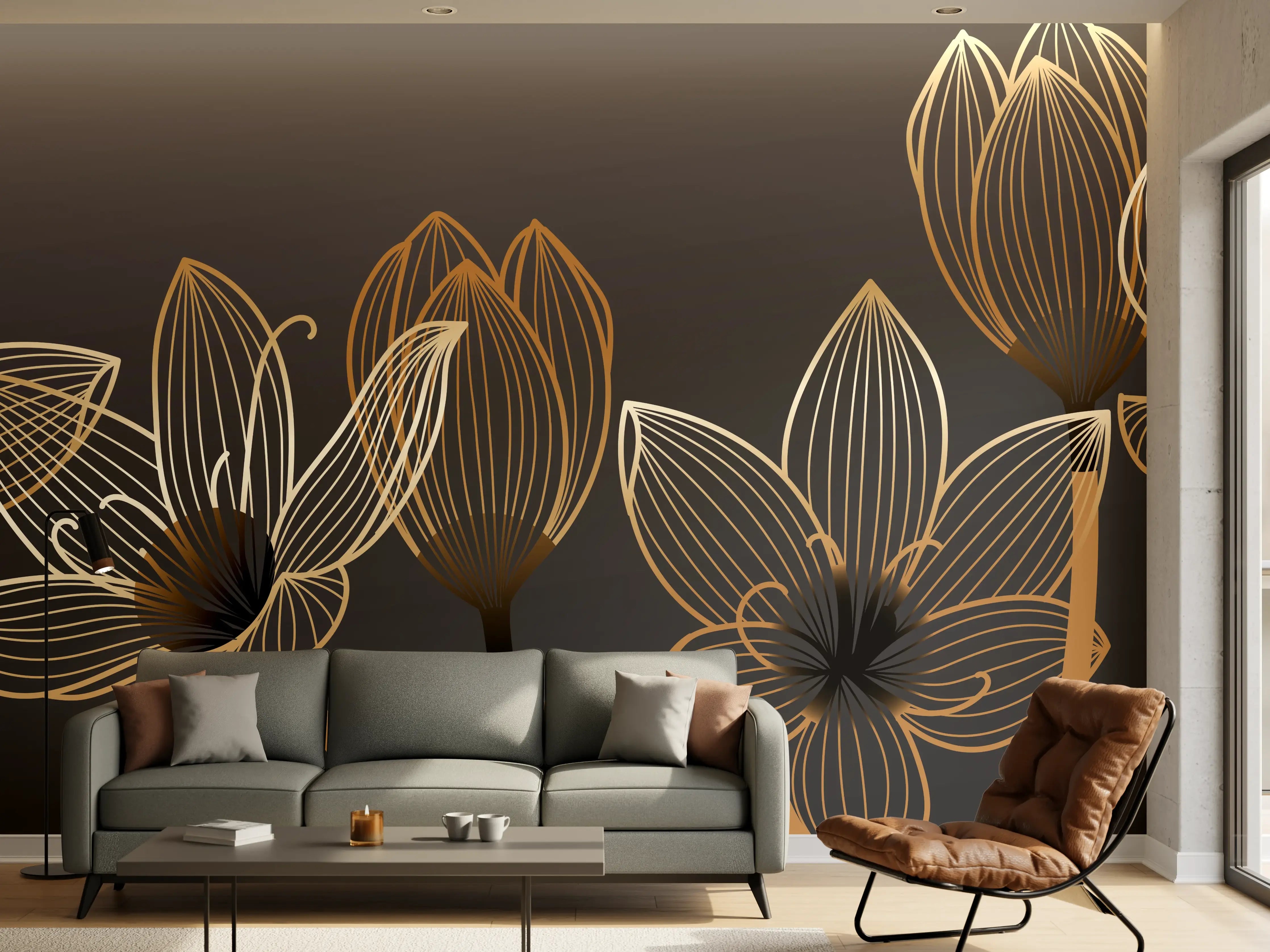 Wandverkleidung Wohnzimmer - Abstrakte Gold-Schwarz Blumen Linienart