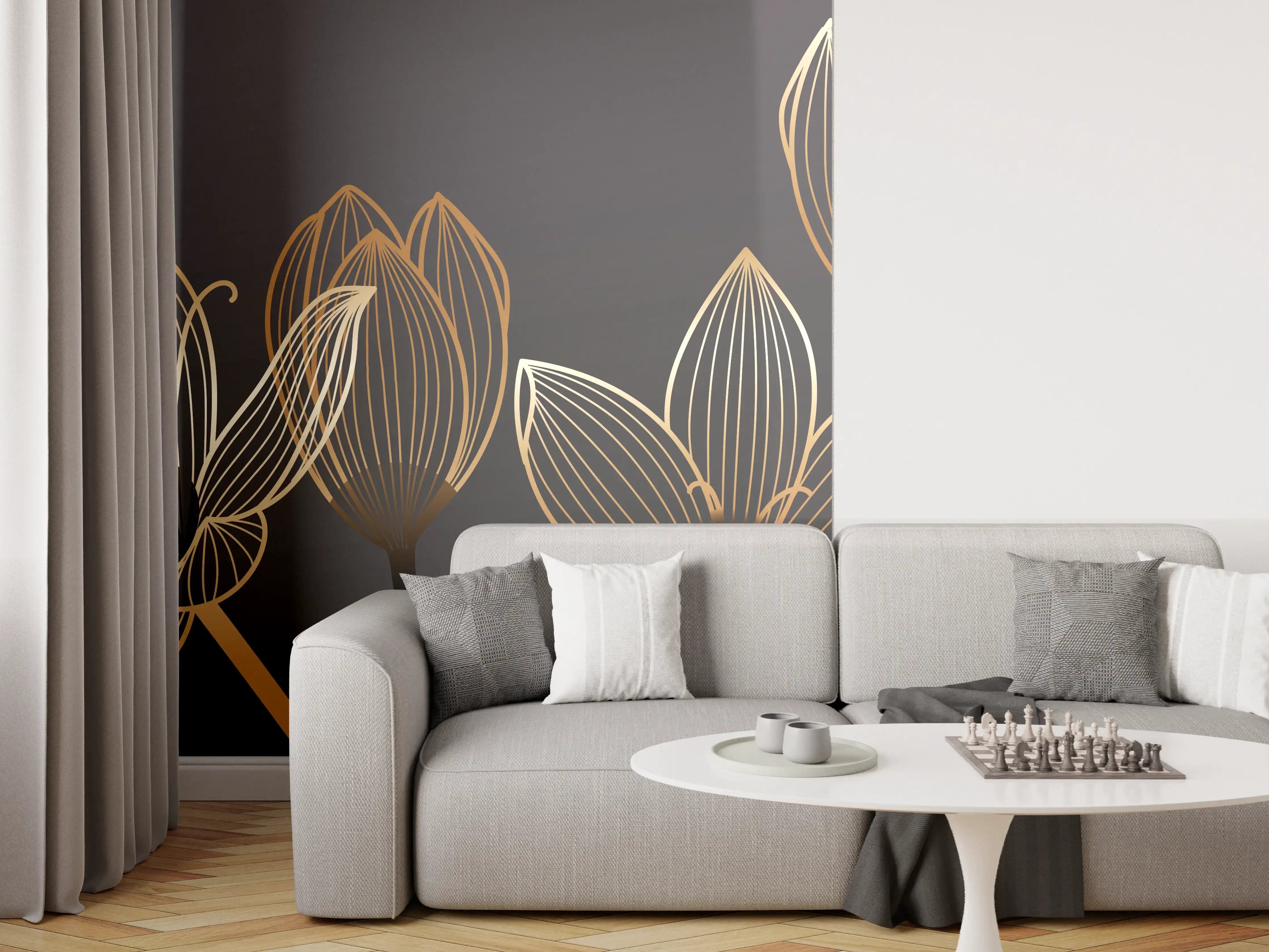 Wandverkleidung Wohnzimmer - Abstrakte Gold-Schwarz Blumen Linienart