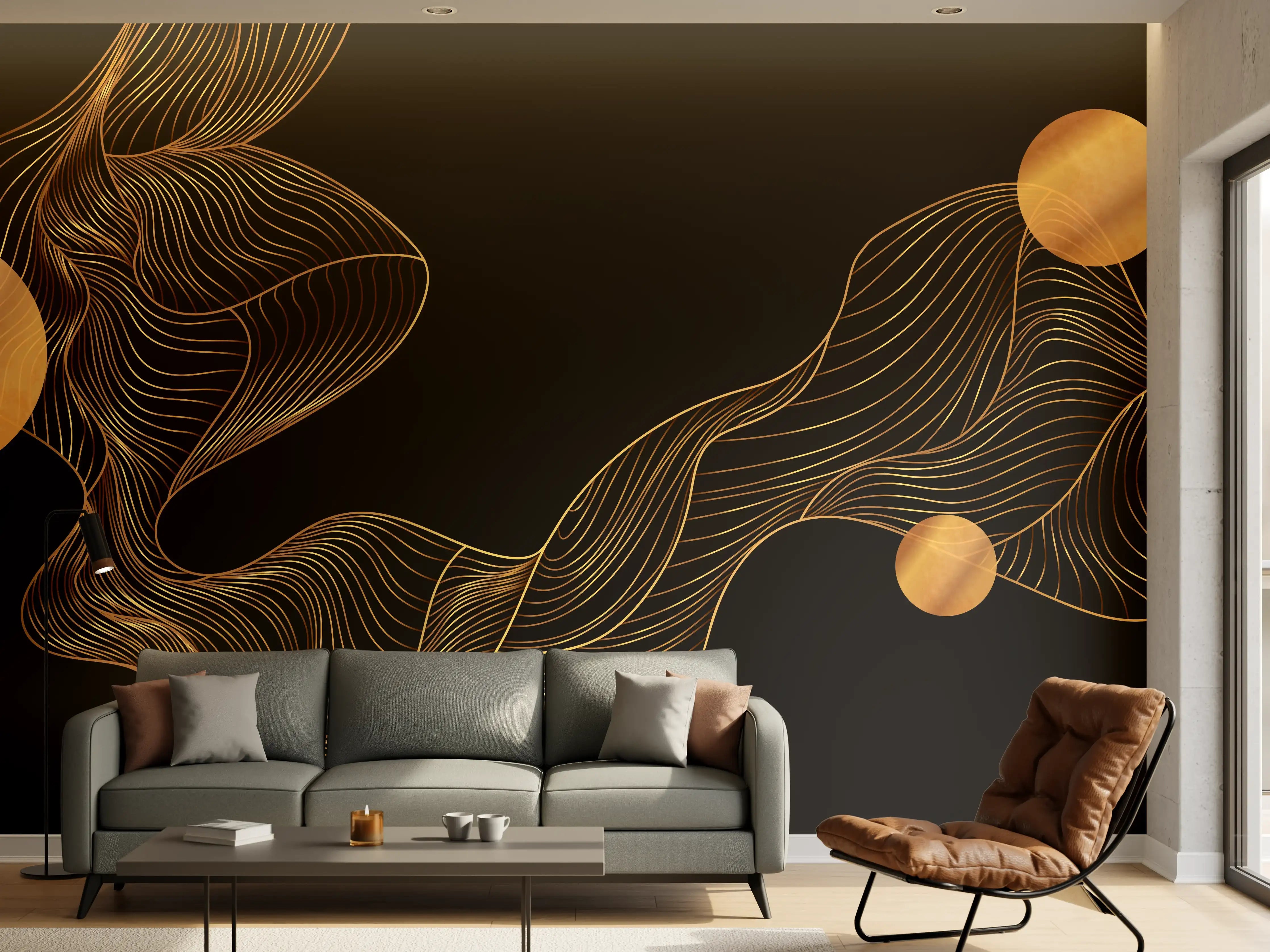 Wandverkleidung Wohnzimmer - Abstrakte Gold-Schwarz Linienkunst