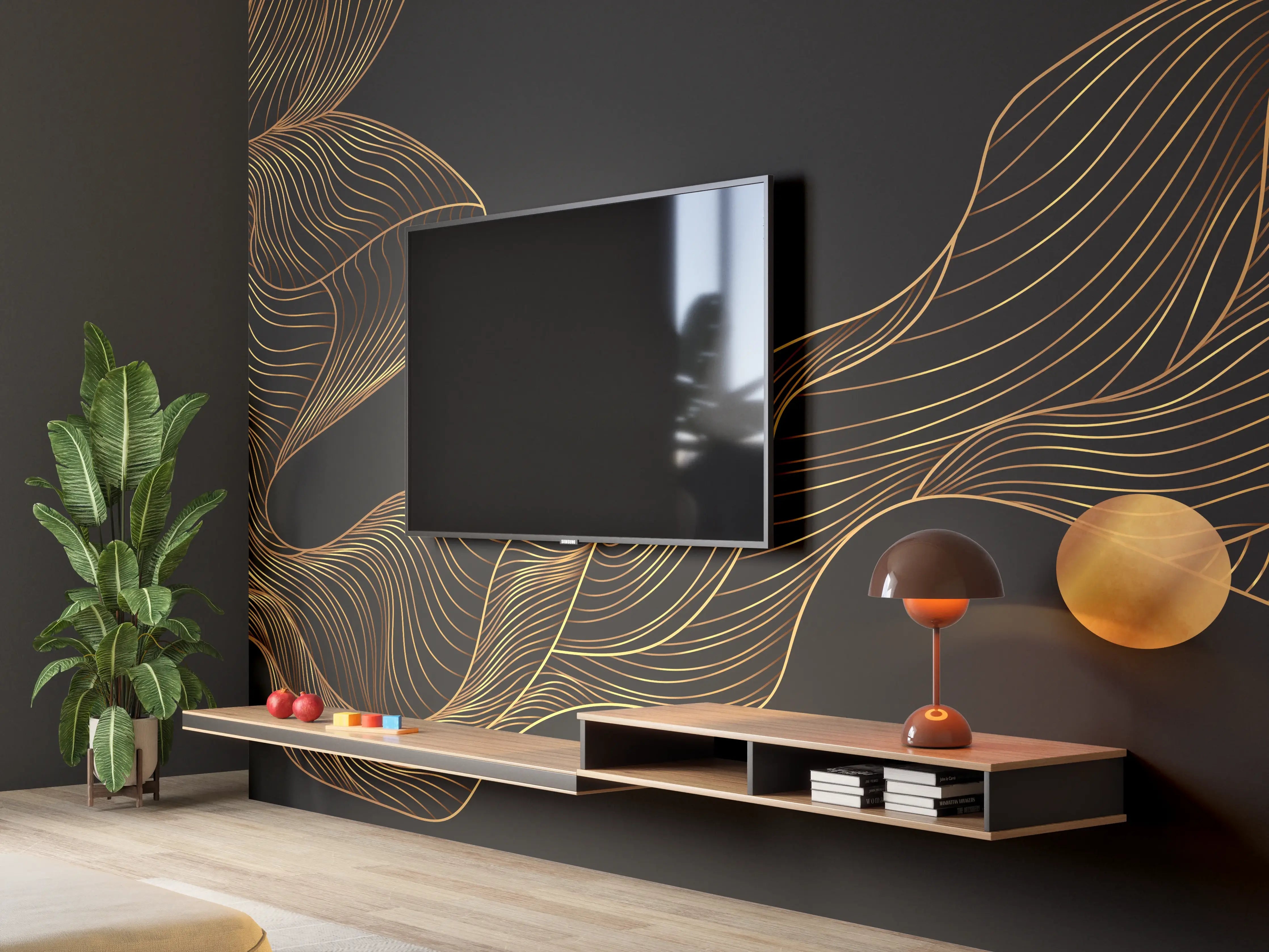 Wandverkleidung Wohnzimmer - Abstrakte Gold-Schwarz Linienkunst
