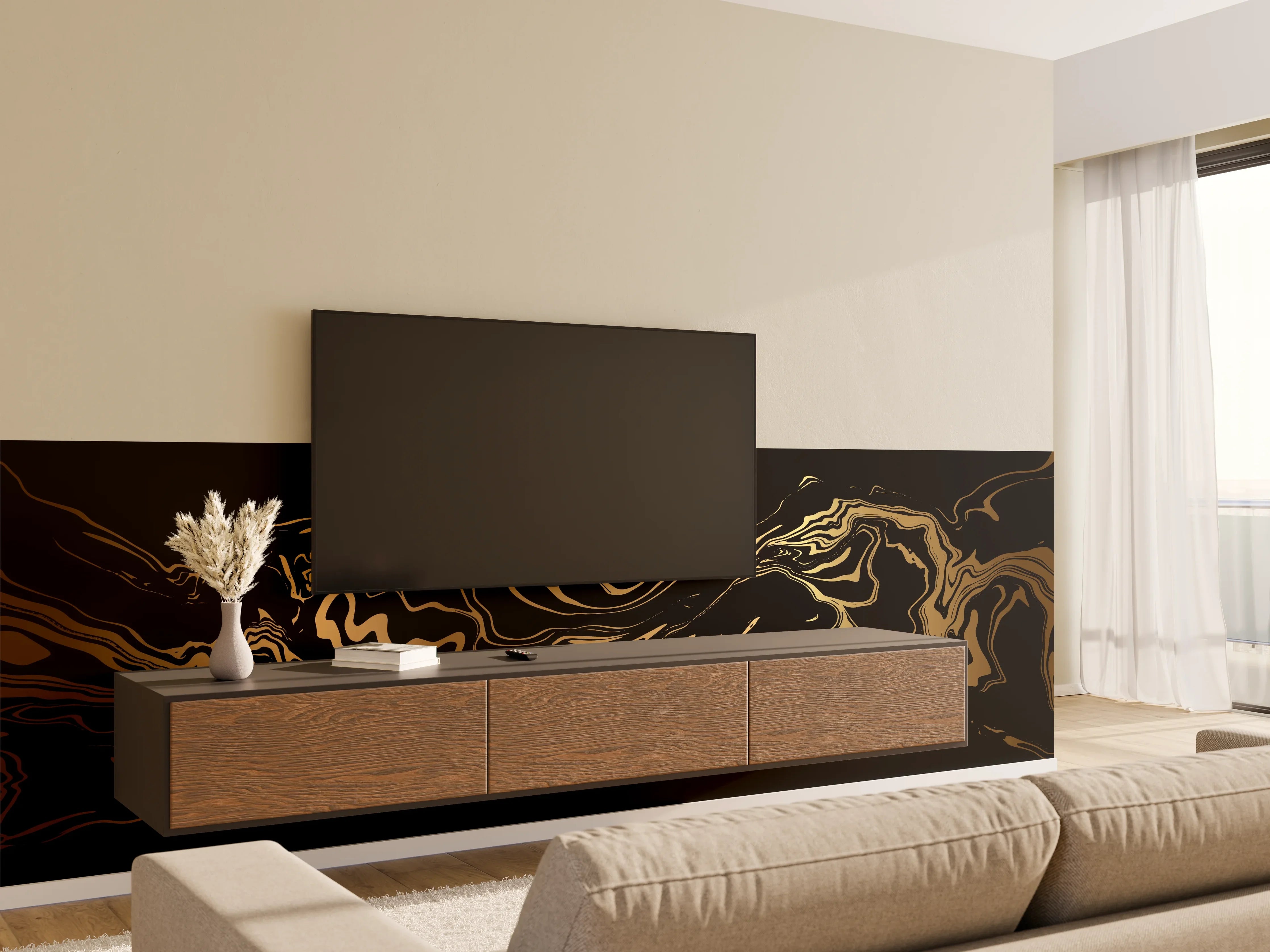 Wandverkleidung Wohnzimmer - Abstrakte Gold-Schwarz-Textur