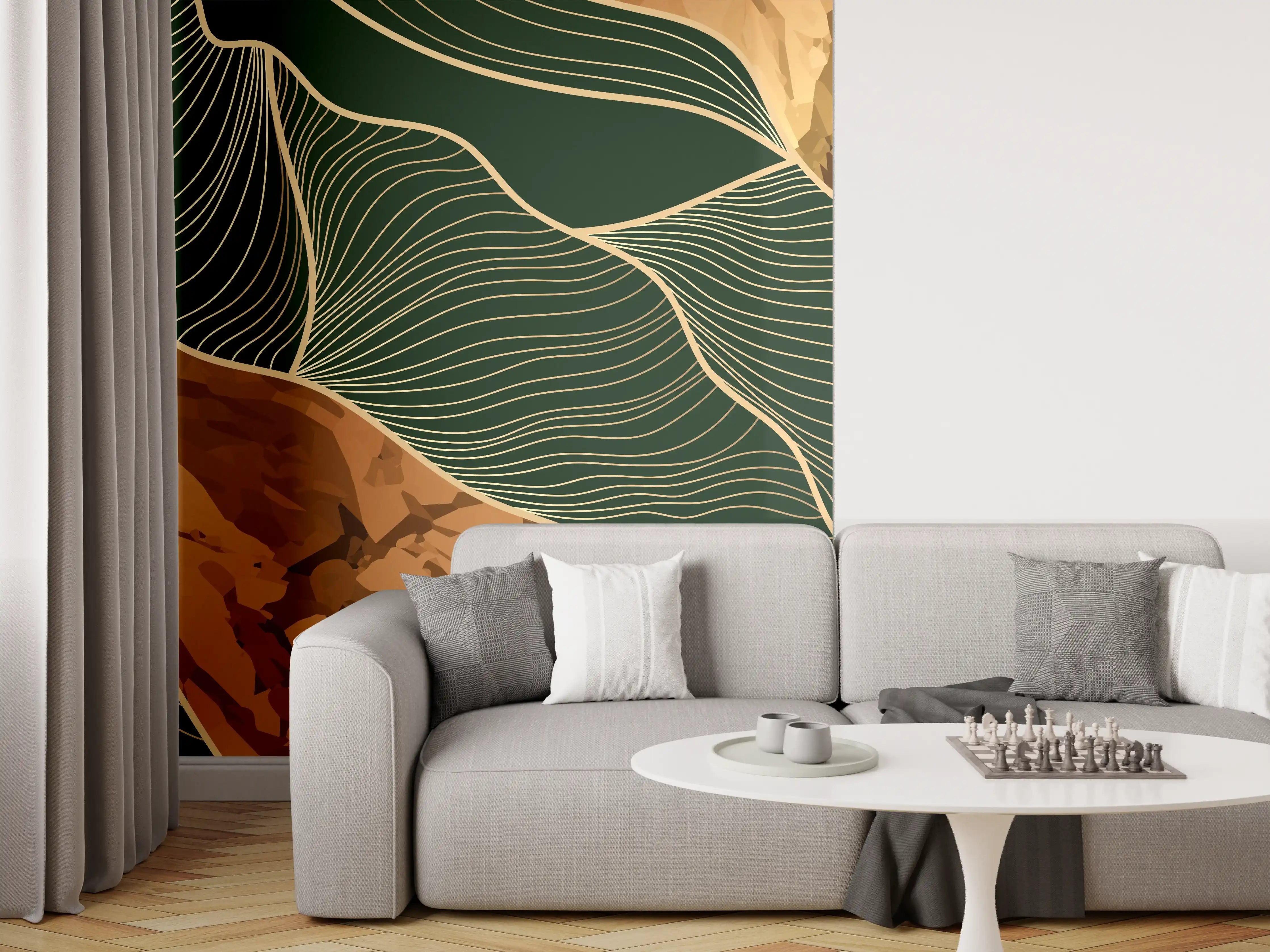 Wandverkleidung Wohnzimmer - Abstrakte Goldbraun-Linien Kunst