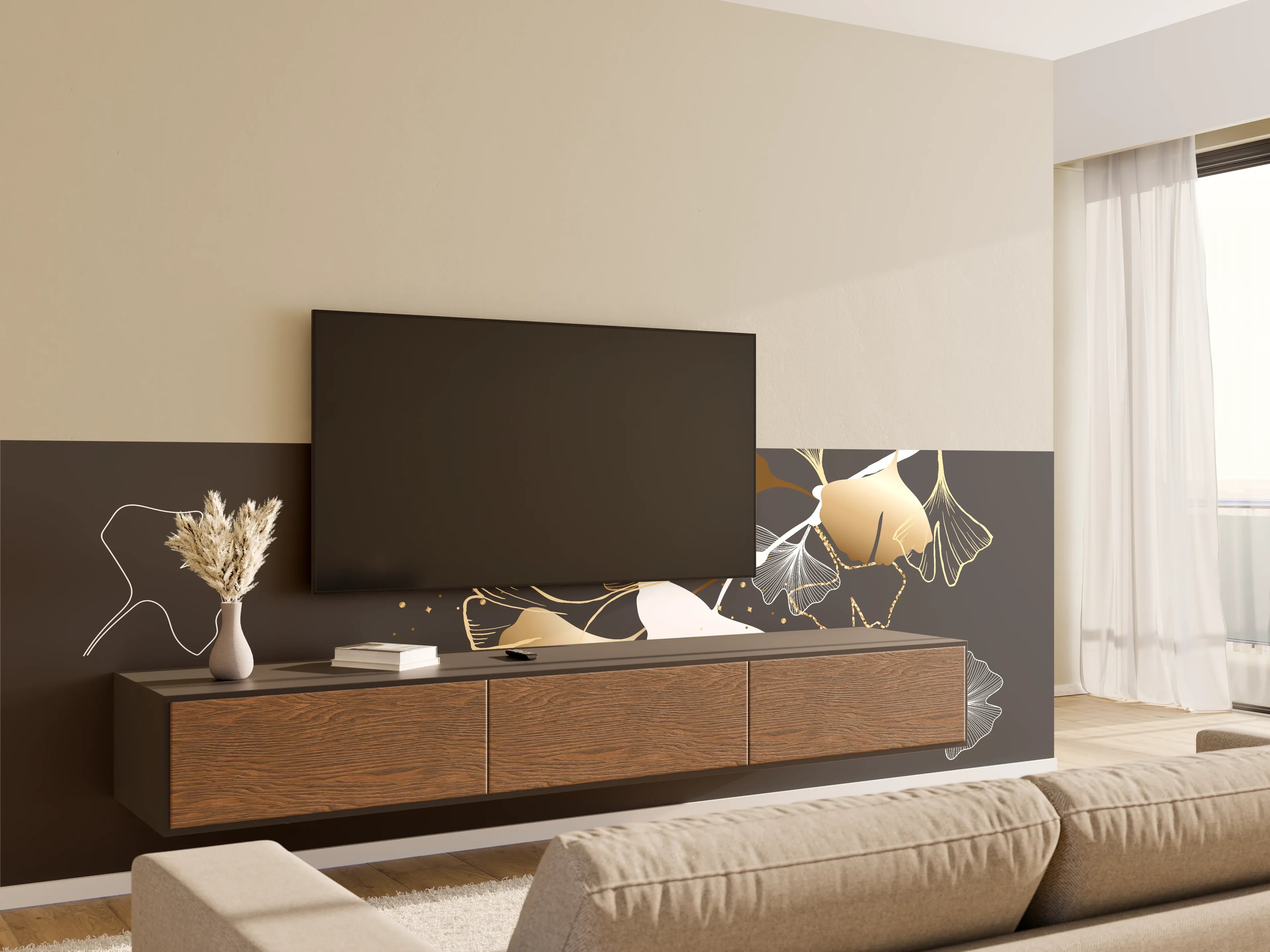 Wandverkleidung Wohnzimmer - Abstrakte Goldene Schmetterlinge