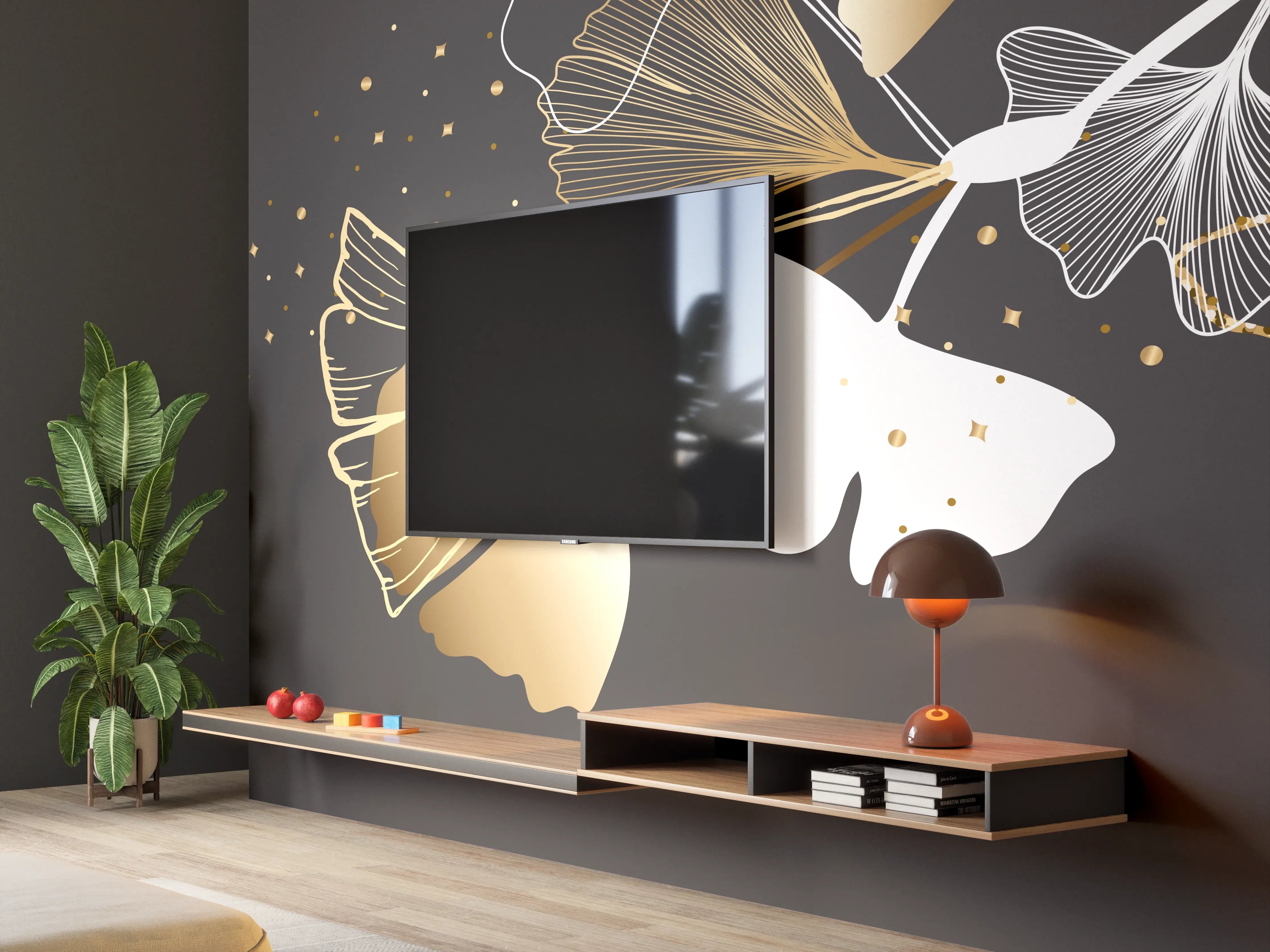 Wandverkleidung Wohnzimmer - Abstrakte Goldene Schmetterlinge