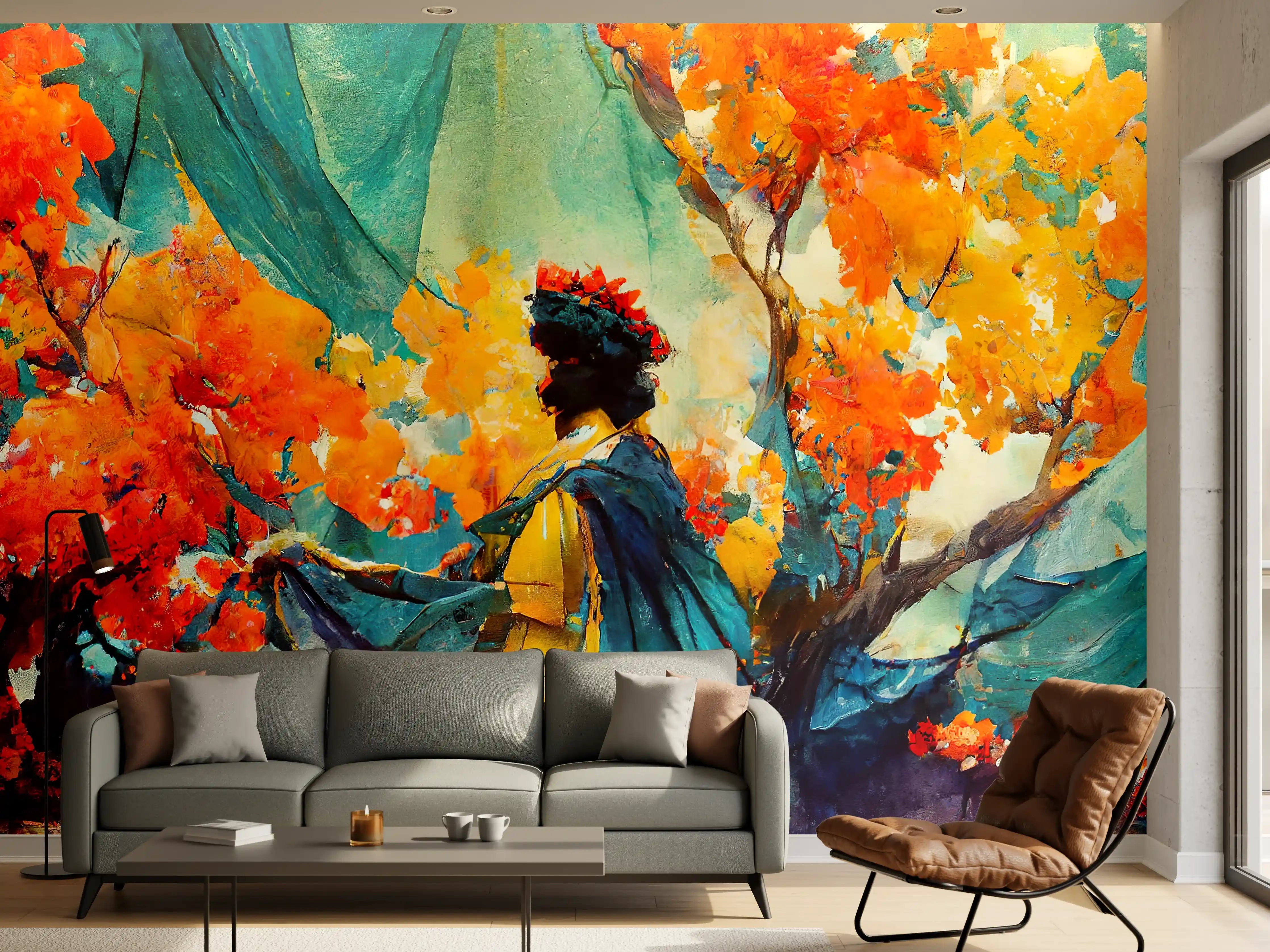 Wandverkleidung Wohnzimmer - Abstrakte Kunst - Frau im Wald