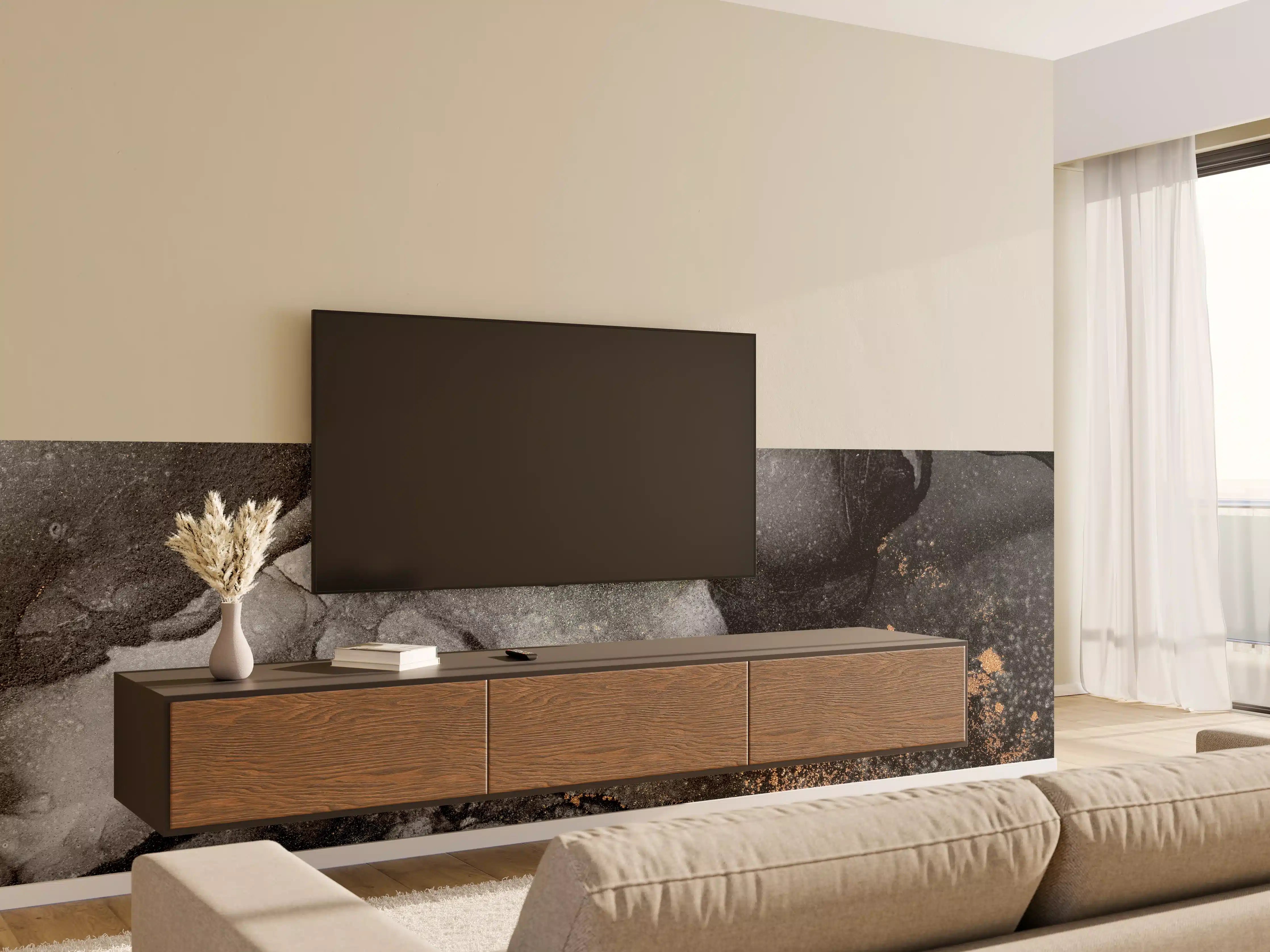 Wandverkleidung Wohnzimmer - Abstrakte Kunst in Schwarz, Grau und Gold