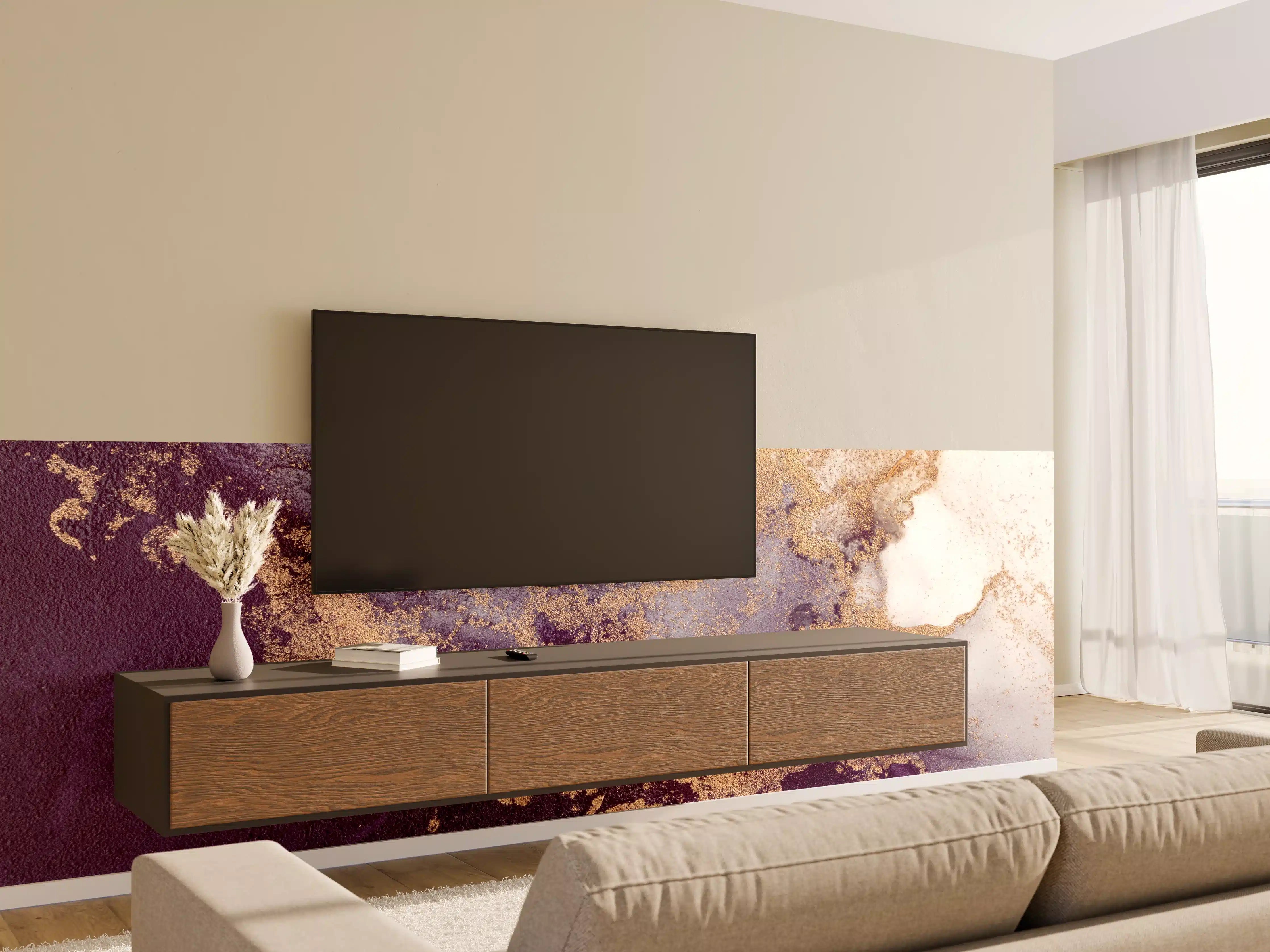 Wandverkleidung Wohnzimmer - Abstrakte Kunst in Violett und Gold