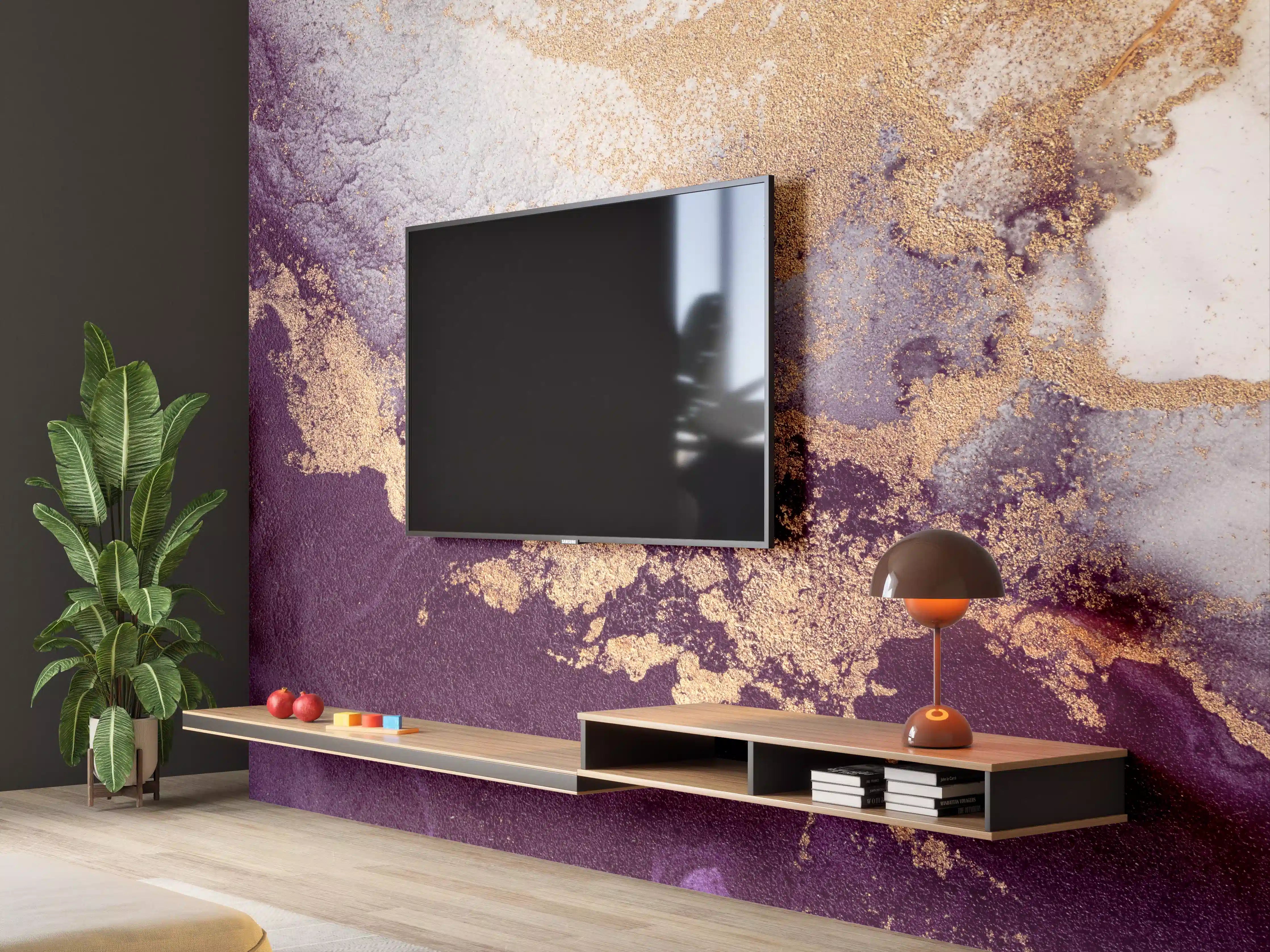 Wandverkleidung Wohnzimmer - Abstrakte Kunst in Violett und Gold