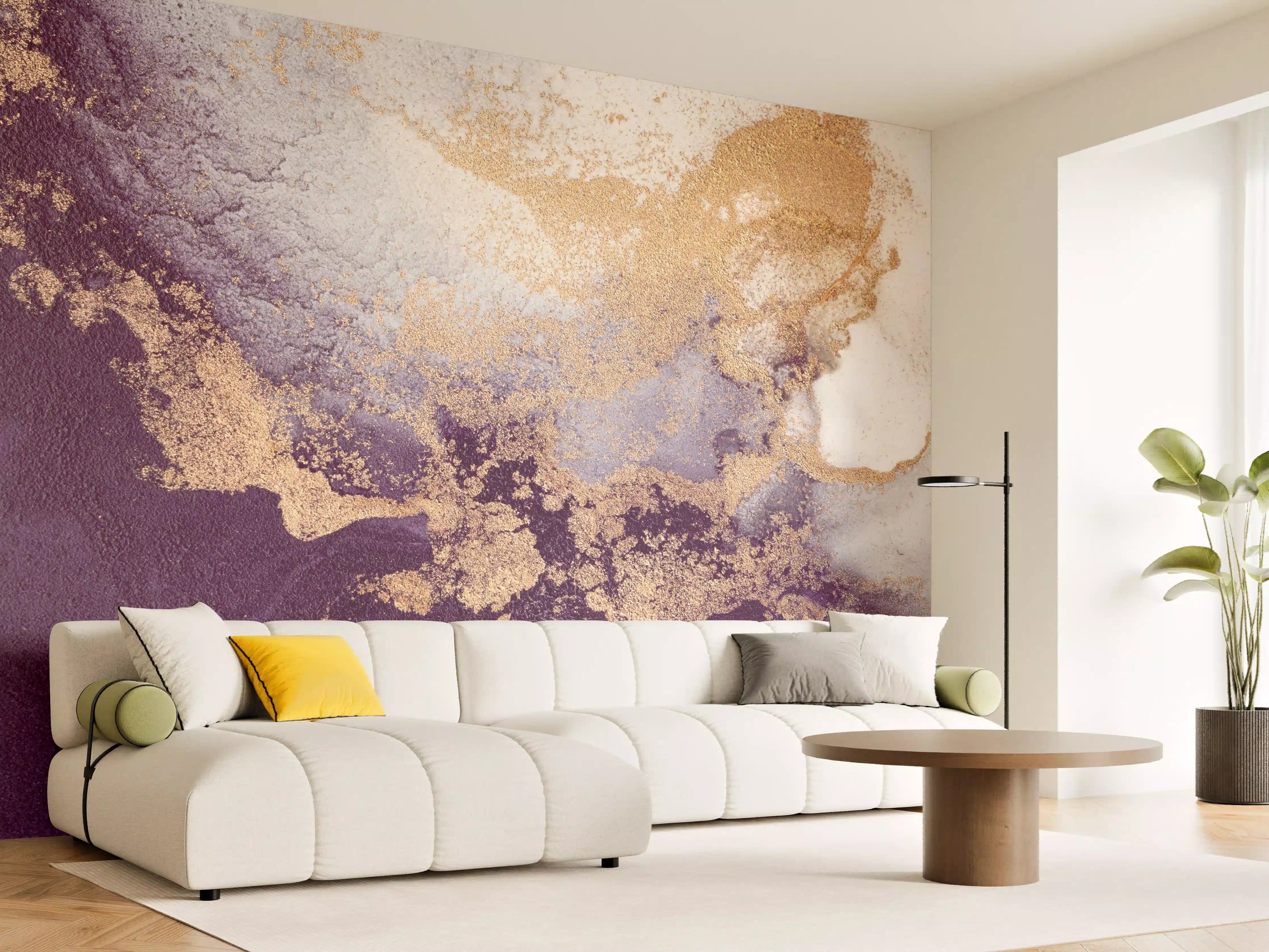 Wandverkleidung Wohnzimmer - Abstrakte Kunst in Violett und Gold