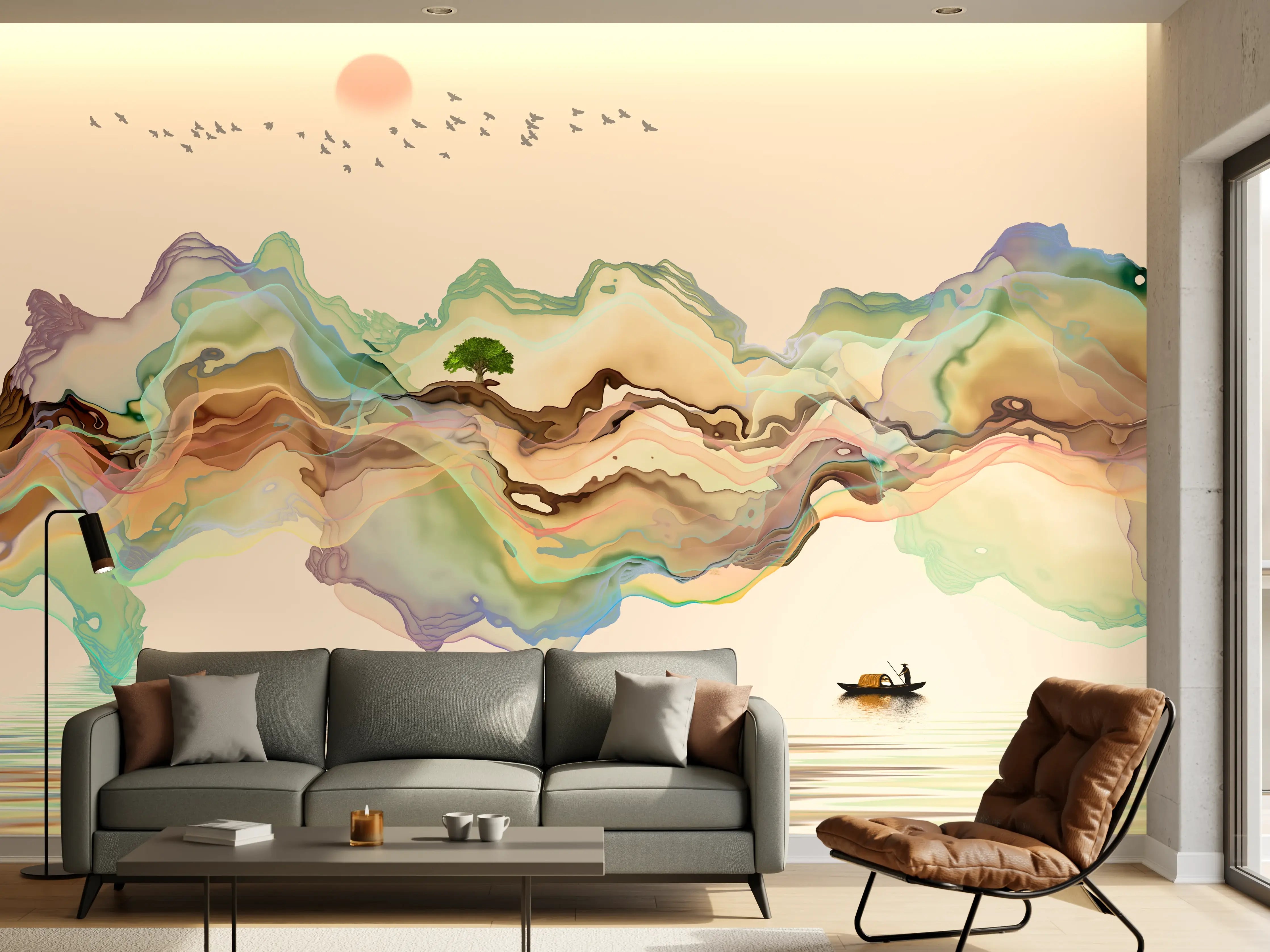 Wandverkleidung Wohnzimmer - Abstrakte Landschafts Illustration