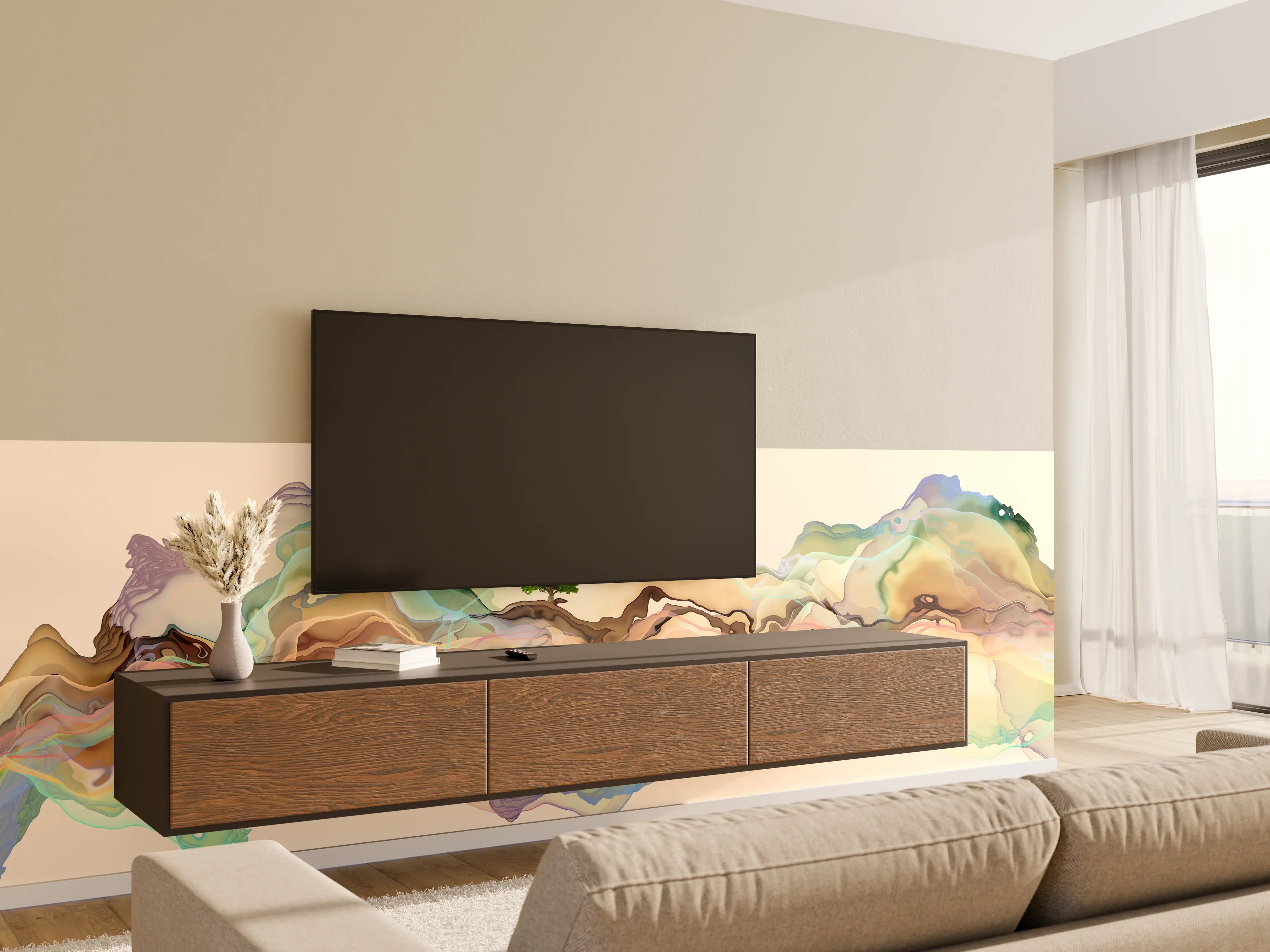 Wandverkleidung Wohnzimmer - Abstrakte Landschafts Illustration