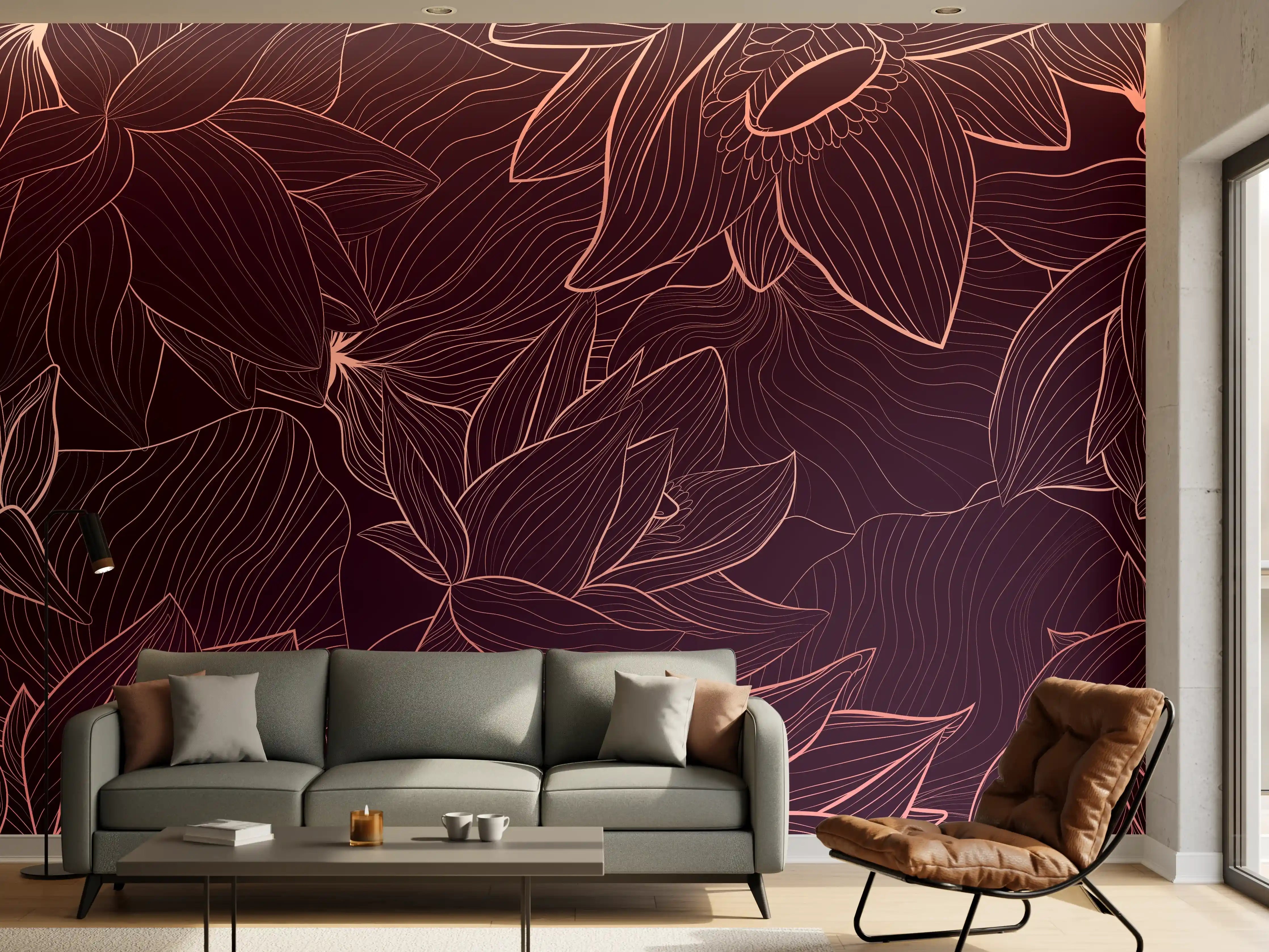 Wandverkleidung Wohnzimmer - Abstrakte Lila Blumenlinien