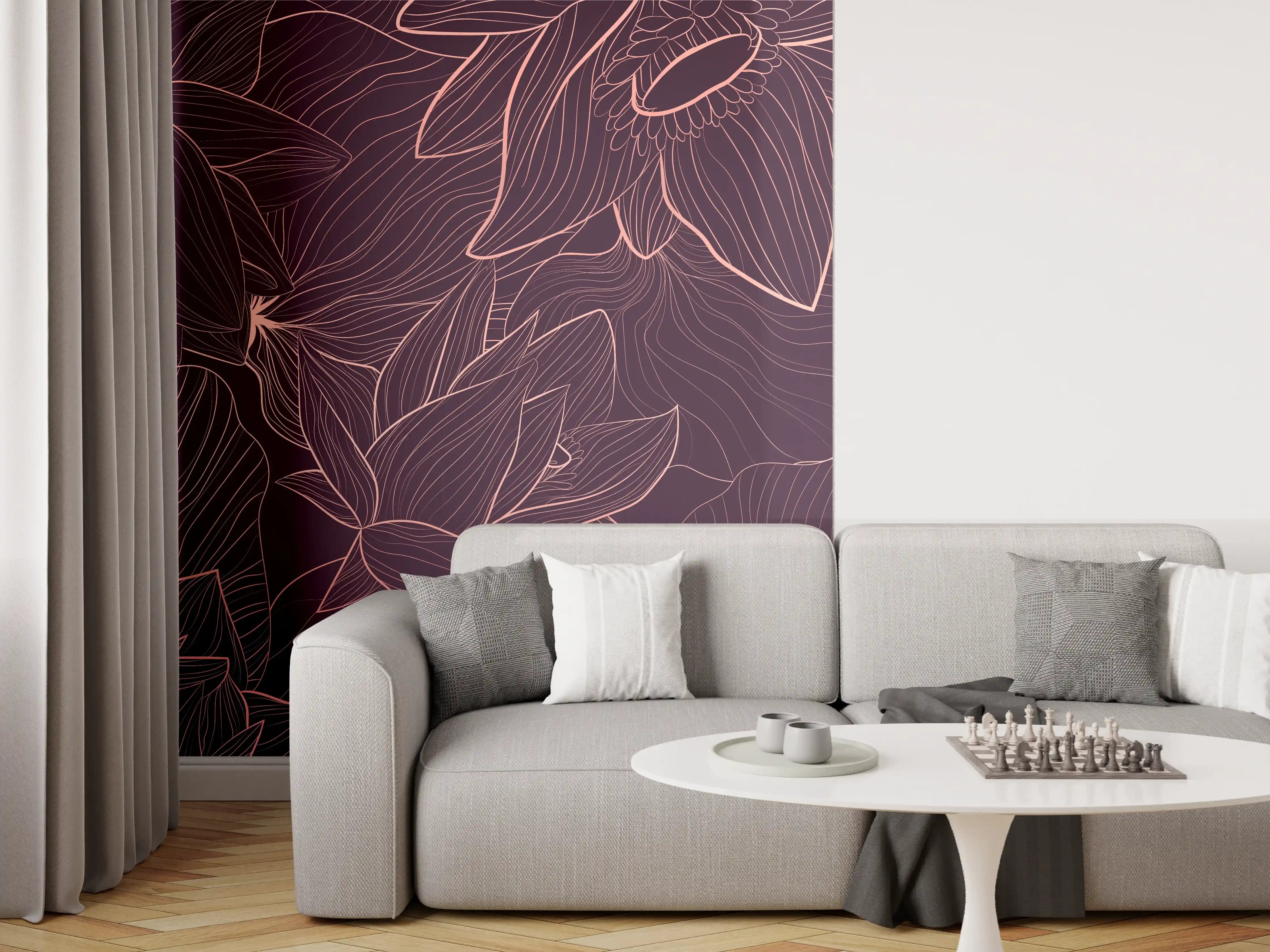 Wandverkleidung Wohnzimmer - Abstrakte Lila Blumenlinien