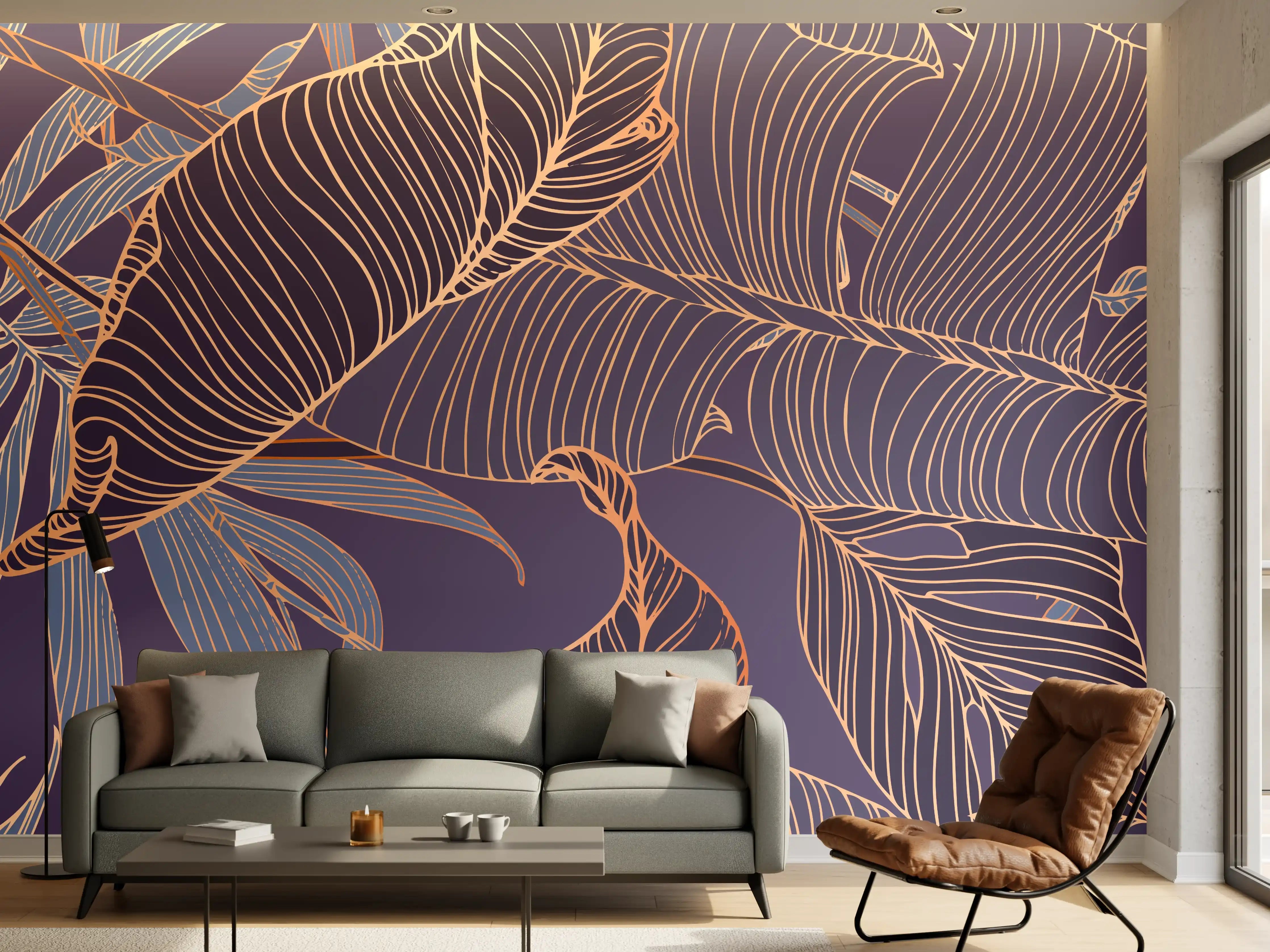 Wandverkleidung Wohnzimmer - Abstrakte Lila-Goldene Blattmuster