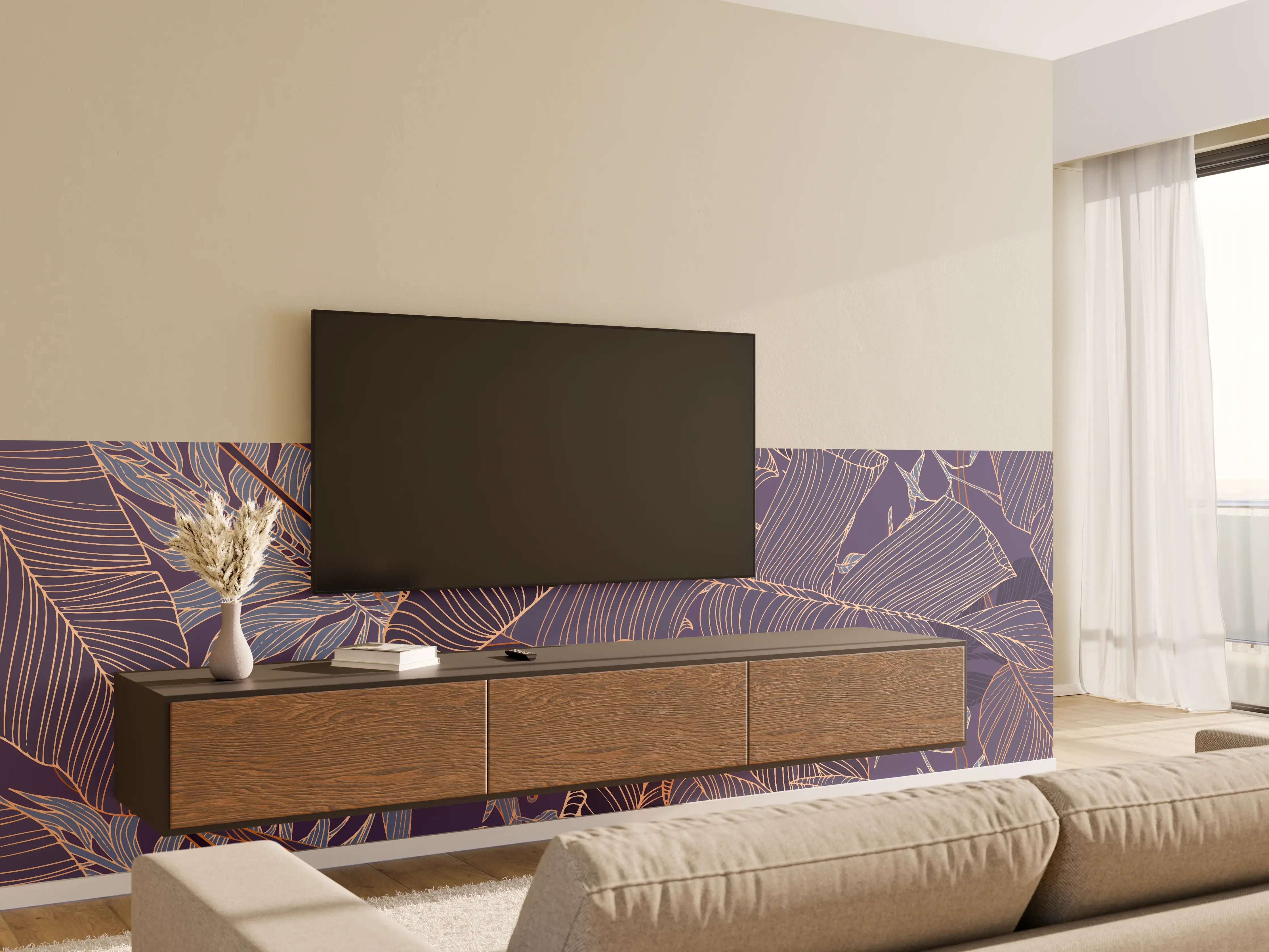 Wandverkleidung Wohnzimmer - Abstrakte Lila-Goldene Blattmuster