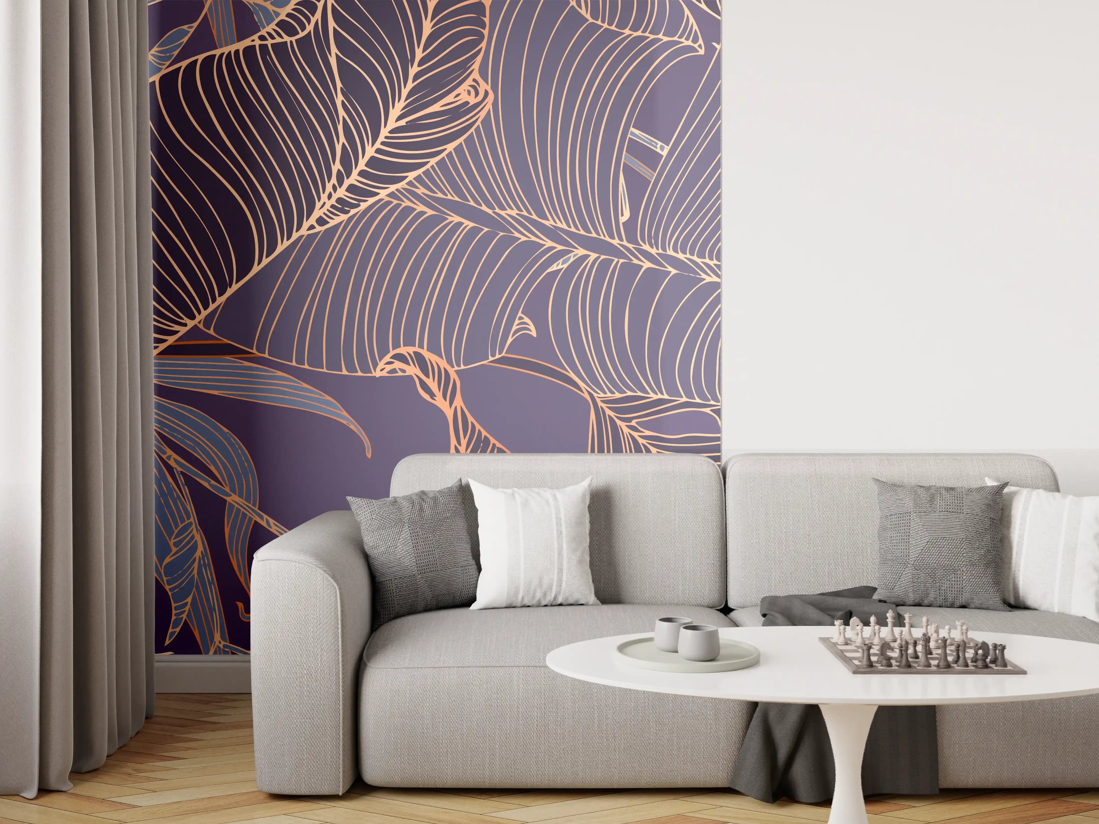 Wandverkleidung Wohnzimmer - Abstrakte Lila-Goldene Blattmuster