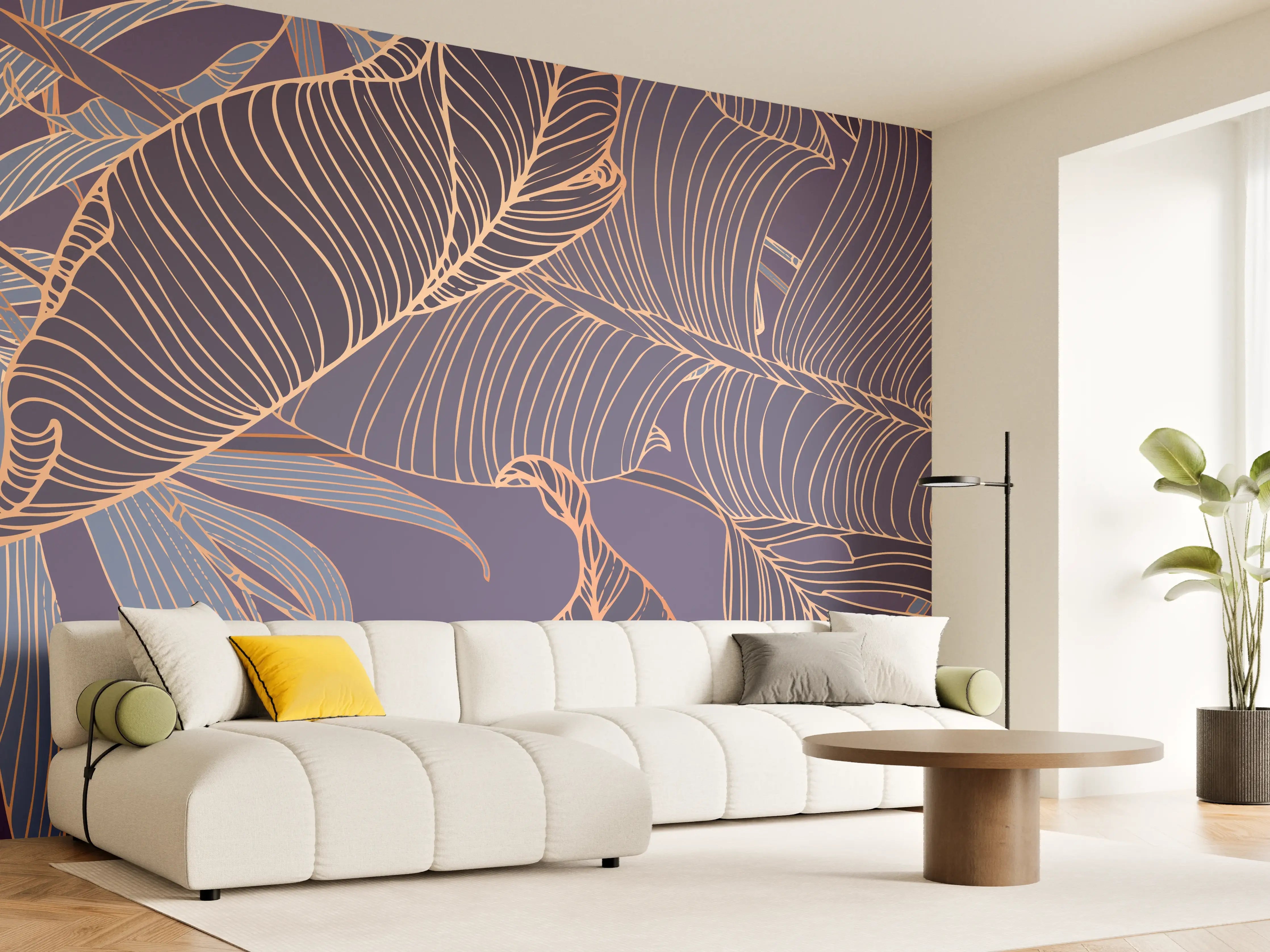 Wandverkleidung Wohnzimmer - Abstrakte Lila-Goldene Blattmuster